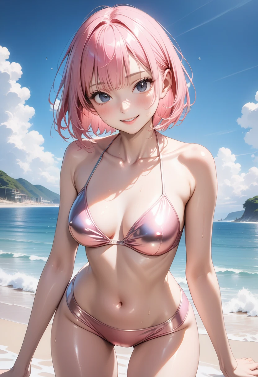((masterpiece, high quality, high resolution, absurd, super detailed, High saturation、8k)),real,,(bikini:1.5),(1girl), seductive smile,cute face、beautiful eyes、stand,pink hair、 (on the beach)