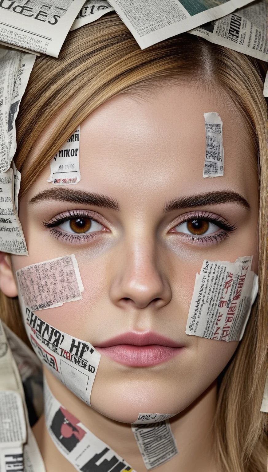 A close-up newspaper portrait of Emma Watson where all parts of the face including eyes, eyebrows, nose, lips, hair, ears, etc. are made entirely of newspapers. Use folded different thin paper newspapers to form each detail of the face, avoiding using real parts of the face. Pay attention to the textures and colors of the newspapers to create realistic features that convey emotion.
A newspaper portrait should be bright and expressive. The lighting should be soft and natural, emphasizing textures and details, creating a sense of three-dimensionality and depth.
