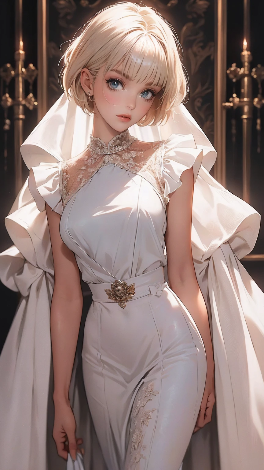 ( best quality:1.2)、(masterpiece:1.2), ( Max Image:1.2), Nipples、 see-through clothes 、 ( white maid clothes :1.2), (Blond ash hair color:1.1), (Short Hair:1.2), Glasses, ( Long Thin Legs , shoes:1.2), ( detailed face :1.3)、The whole face becomes red,  big, rich breasts , (Blunt Bangs:1.2), ( micro bikini), ( side bust 、 underbust pose)、Walking through the mansion&#39;corridor、 Play、 simple background