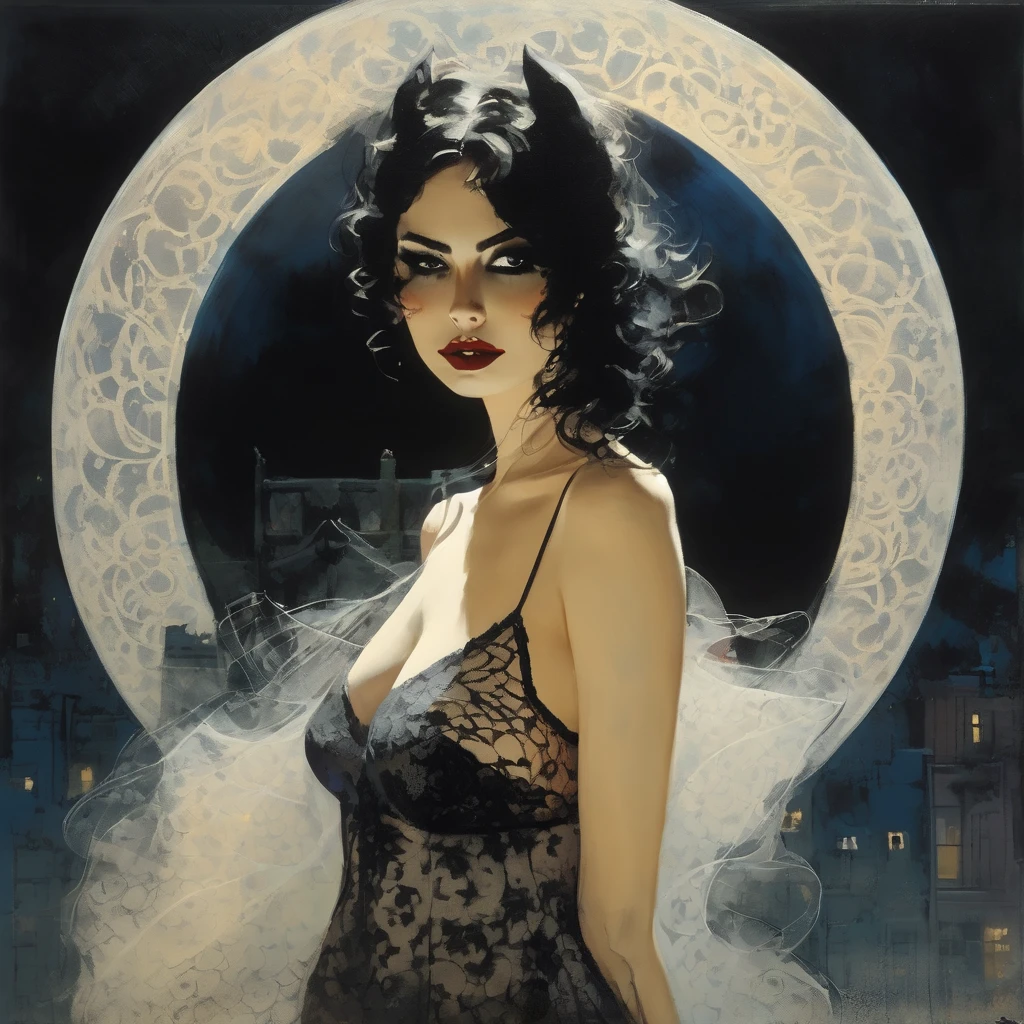the sexy girl and the cat and the half moon, night, lace dress ( art inspired by Bill Sienkiewicz, oil painting)