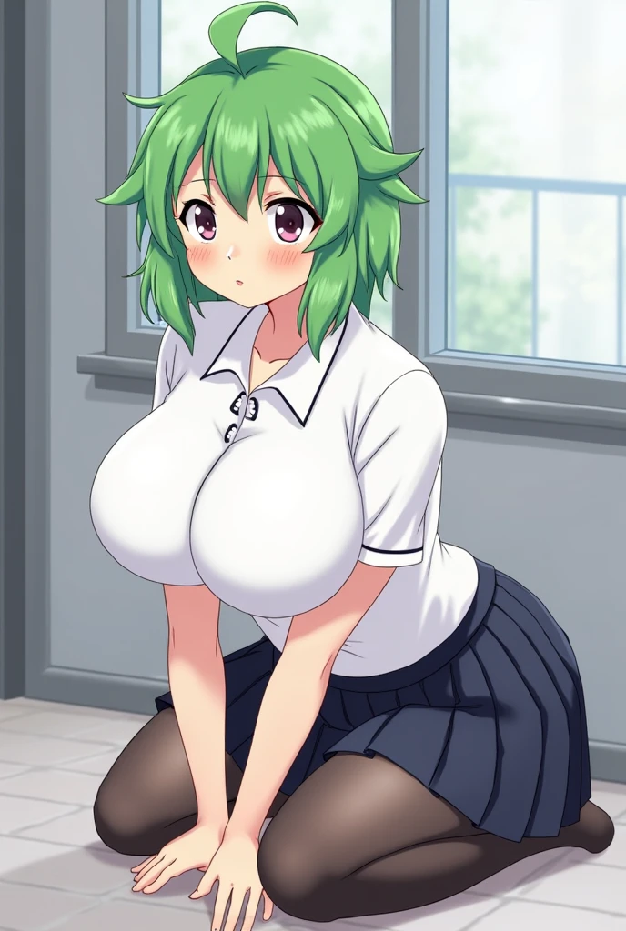 ((Green hair ponytail,green eyes,Green hairRibbon,)),((nipple,)) sweat, Sweaty and wet all over,((gigantic breast)),((Perfect body,))((Super beautiful,))((High quality,))pov,Looking at Viewer, (jacket that exposes the shoulders ,very short pleated skirt,off-shoulder,Sleeveless very Short White Blouse,Thigh-high socks,) (Heavy breathing, sweat, Sweaty and wet all over,see-through sexual white Underwear,lovejuice dropping pussy,)(Lift up the hem of her skirt to show off her crotch),Close mouth,story/manga