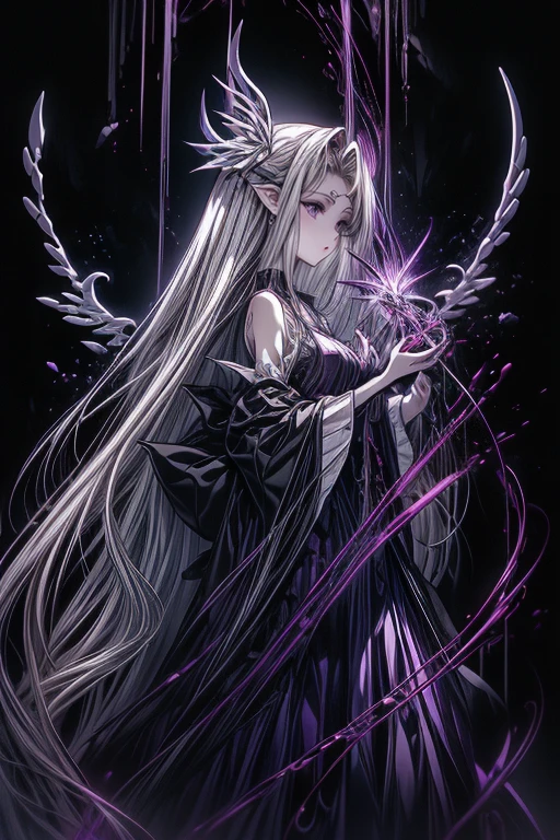  Extremely thin woman,  with Rapunzel style hair, bicolor purple and white hair,  garments in very wide clothes (oversize) of two , Angel wings, bleeding.  dark background , abstract shapes