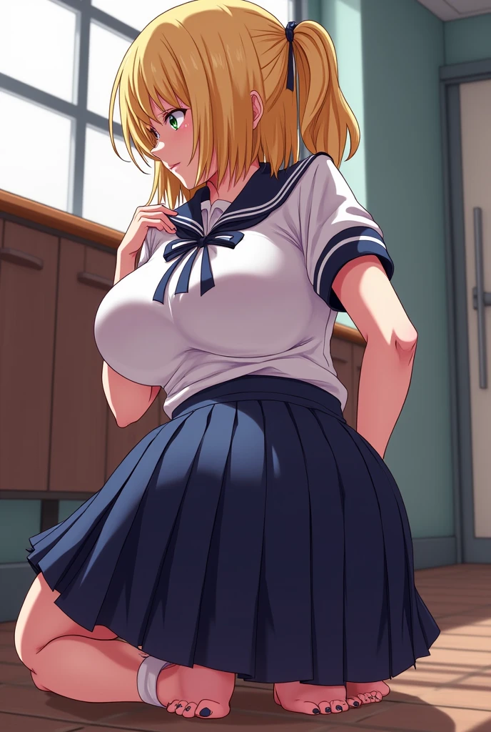 Bigbreast,blonde hair,short ponytail with bangs,white sailor top,miniskirt,wide hips,thicc tigh,seductive smile