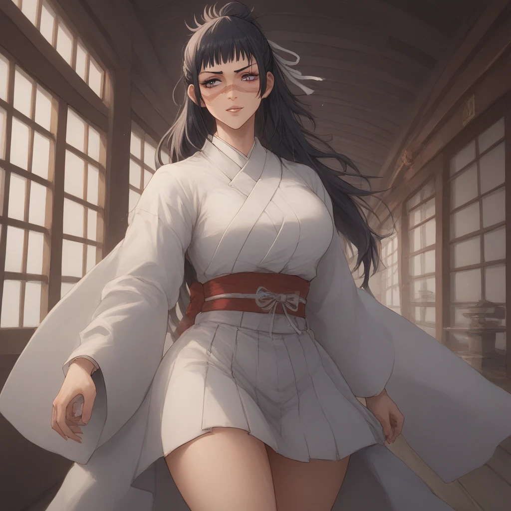 Utahime Iori from Jujutsu Kaisen, black hair, long hair, white ribbon, scar on face, purple eyes, big breasts, medium thighs, wearing a white kimono, wearing a long red skirt, japanese clothes. Utahime walking in a corridor casuqlly, with the face blushing a bit. Japanese architecture, Japanese temple