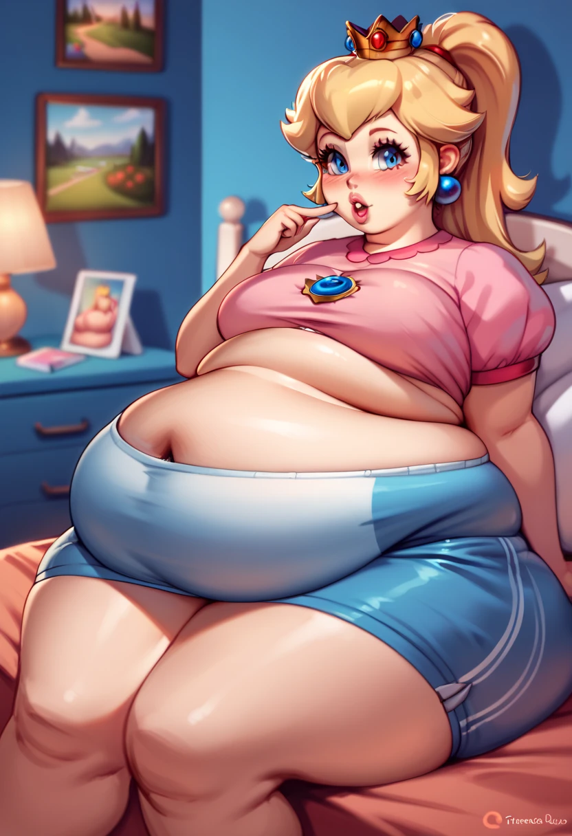 best quality, high resolution, 1 girl, princess Peach, nintendo,  ponytail, saggy belly, fat belly, fat rolls, fat folds, fat, plump, narrow hips, fat thighs, fat butt, appleshaped, bedroom, cozy bed, trying to kiss the viewer, belly exposed, sexy pose, blushing, red cheeks, horny 