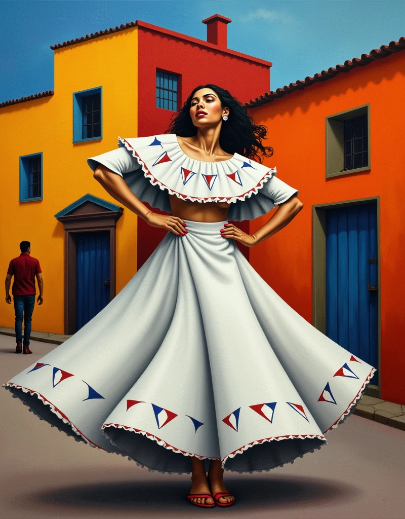 Classic painting in the style of Picasso's Cubism tecnique of a Nicaraguan dancer with a traditional white Guipil in a street with houses in the background.