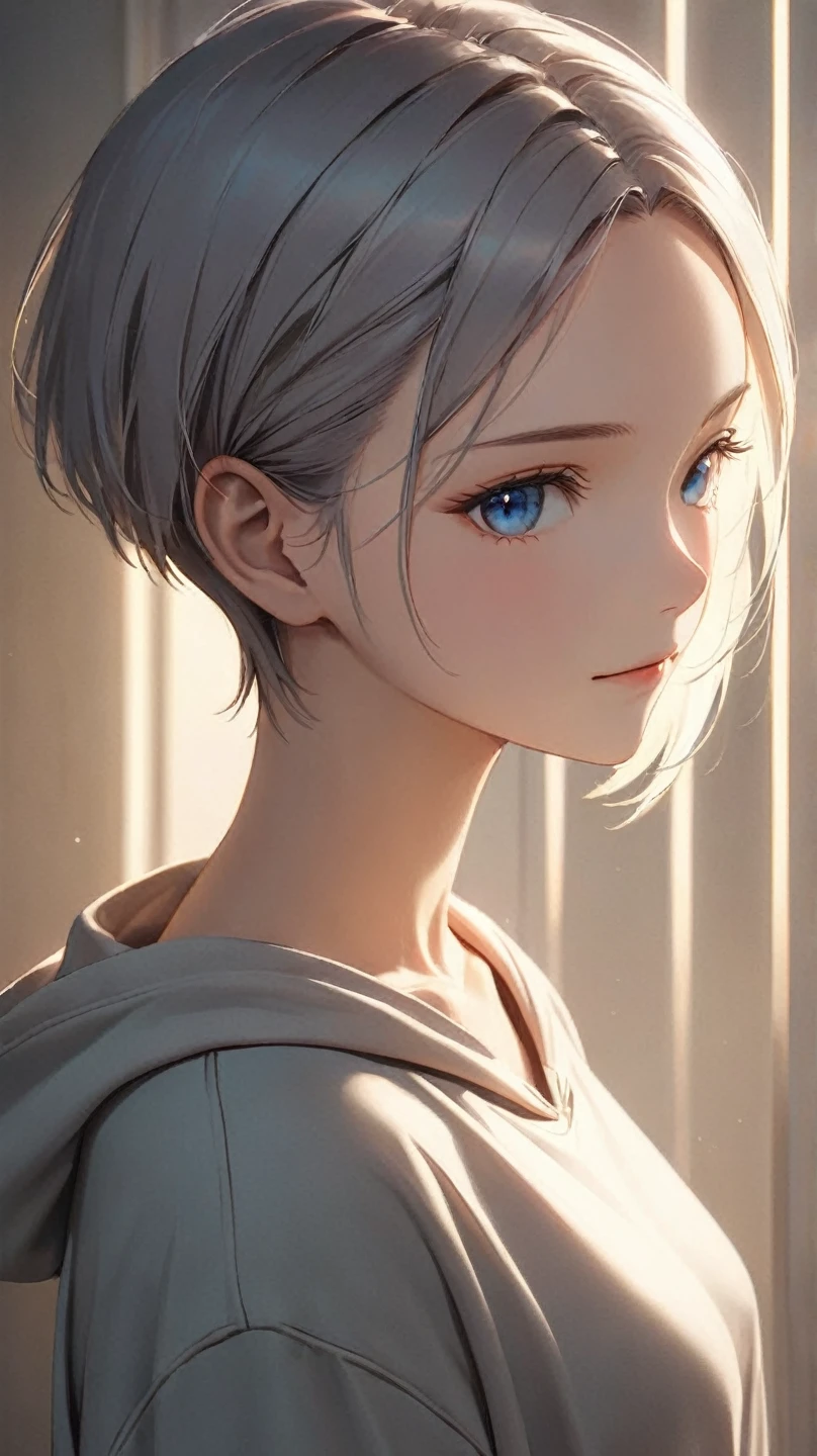 1gir, animation style, Best Illumination, crisp details, tall, mature slim body, sharp focus, Perfect Anatomy, Best Illumination, cinematic lighting, soft light on face, (8k, best quality, masterpiece:1.5), a calm and introspective young woman, short slightly tousled light gray hair with a faint bluish tint, sleek and casual hairstyle with soft layers, boyish and androgynous charm, serene expression, subtle and gentle smile, minimalist and casual outfit, modern streetwear elements, oversized hoodie or plain t-shirt, relaxed-fit pants in neutral tones, soft natural light, tranquil and dreamy mood, ethereal and mysterious atmosphere, clear skin, vibrant colors, (pixie cut:1.4), (forehead:1.4), (Parted Bangs:1.3), (low hair volume:1.4), (side undercut), (shaved sides hair), (long Nape:1.7), symmetrical and cute face, (cute face:1.3), (beautiful detailed face:1.2), (beautiful eyes:1.3), (cowboy shot:1.3), (front view:1.5), (tighter framing), looking at viewer, simple background,  beautiful body, Standing Upright, Natural posing, 