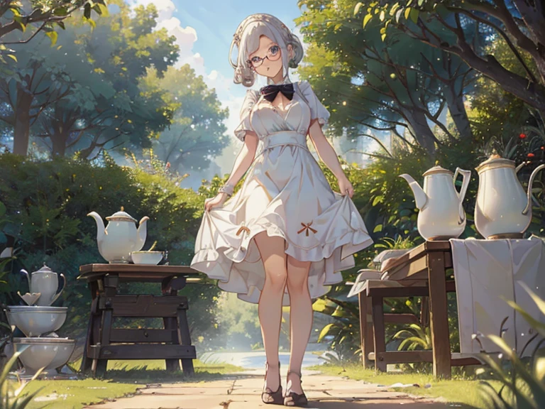 (best quality, masterpiece), (ultra high resolution, 8K RAW photo, photo realistics:1.5, textile shading, thin outline, clear focus:1.2), Beautuful Matured woman preparing tea-time in the garden, standing by the round table, (Tea set, tea pot, tea cups, Some are delicious　Strawberry　cakes on dish), classy art deco style table, wearing light_brown maid uniform, breast cleavage:1.2, maid costume:1.2, long flare skirts, apron, bow ties on thechest, long tall sally, long legs, long silver white hair, (wearing thin-flame glasses:1.2), (milf:1.5, 28 years old, Alone), (samart breast, qute breast, small tits, narrow waist), (medium short white hair, hair over one eye, (updo hair:1.2), side lock, asymmetric hair, wavy hair), (bright pupils, detailed eyes, high detailed face, Perfect face shape, eye rush), (seductitve smiling, half-closing eyes), (looking at viewers:1.3), (dynamic angle, full body, from below:1.2), ((correct anatomy:1.5, correct hands)), (ideal ratio of body proportions), (outdoor:1.2, grass field),
