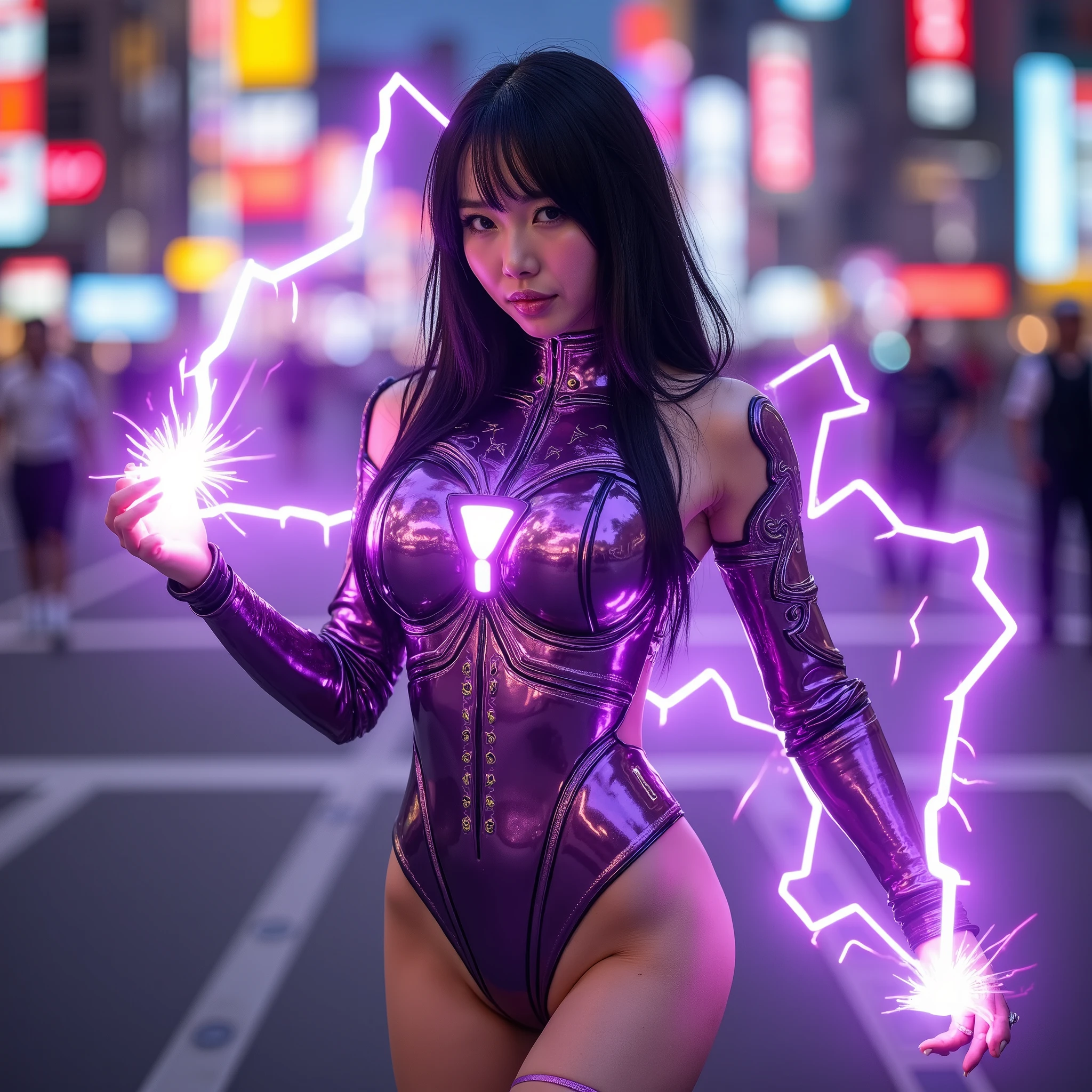 a cute woman (cute, amazing figure, sexy glowing mirrored armor, violet dragon motif, she is a super hero) sexy action poses, battling robots, Tokyo, she can toss violet lightning bolts