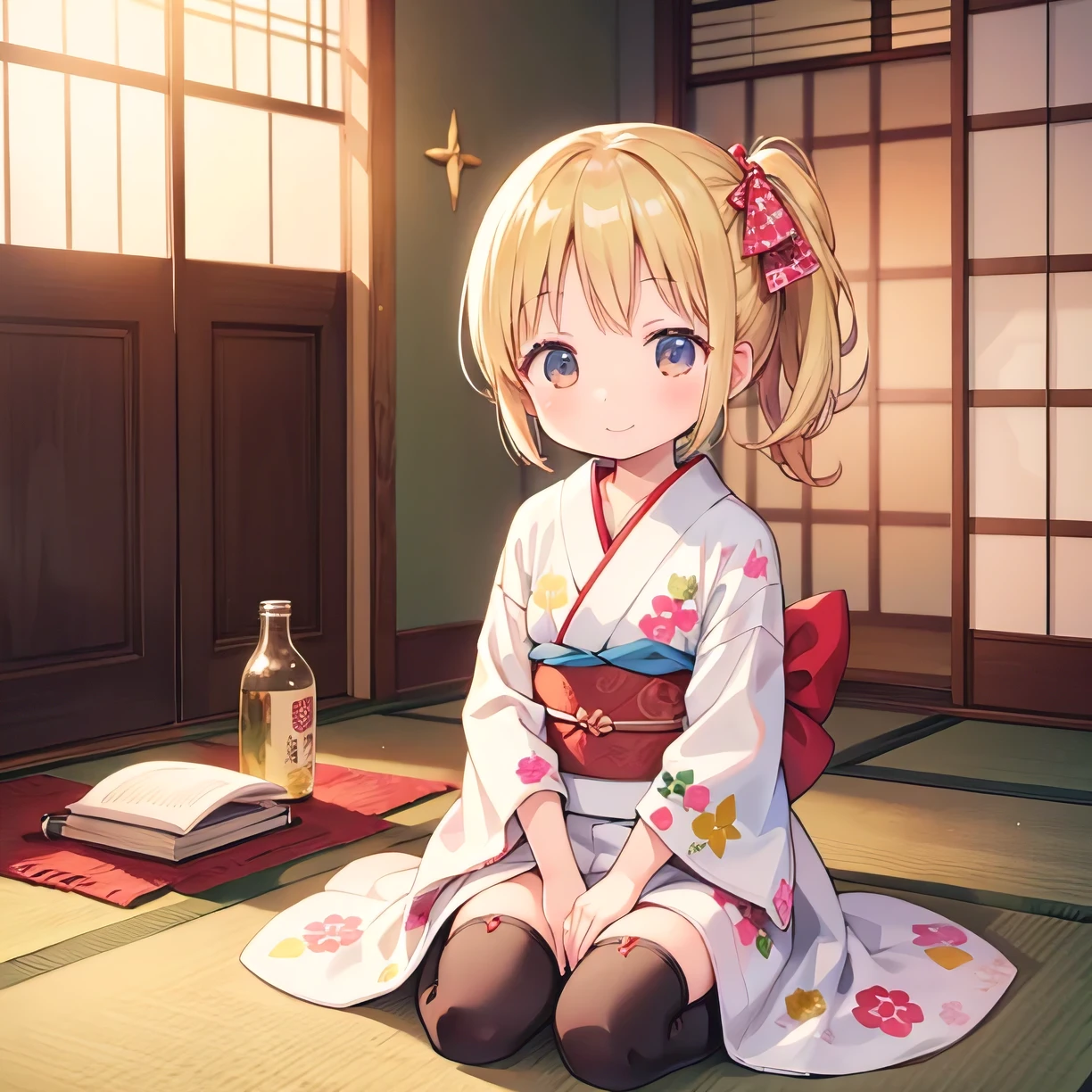  she looks so happy , Happy smile, a very sexy picture of a blond lady wearing some sexy lingerie, 1girl, alone, thighhighs, Quiet in search of the perfect sound, Traditional Japanese-style room, with tatami mats and shoji doors, soft light shines in, A woman in a beautifully patterned kimono and obi gently hugs the girl, The two exchange warm smiles, The girl is wearing a small kimono, Her hair is tied in a simple chignon, The room is full of toys and Len's books, creates a cozy atmosphere, 8k, Photo Style, Girl Temptation,