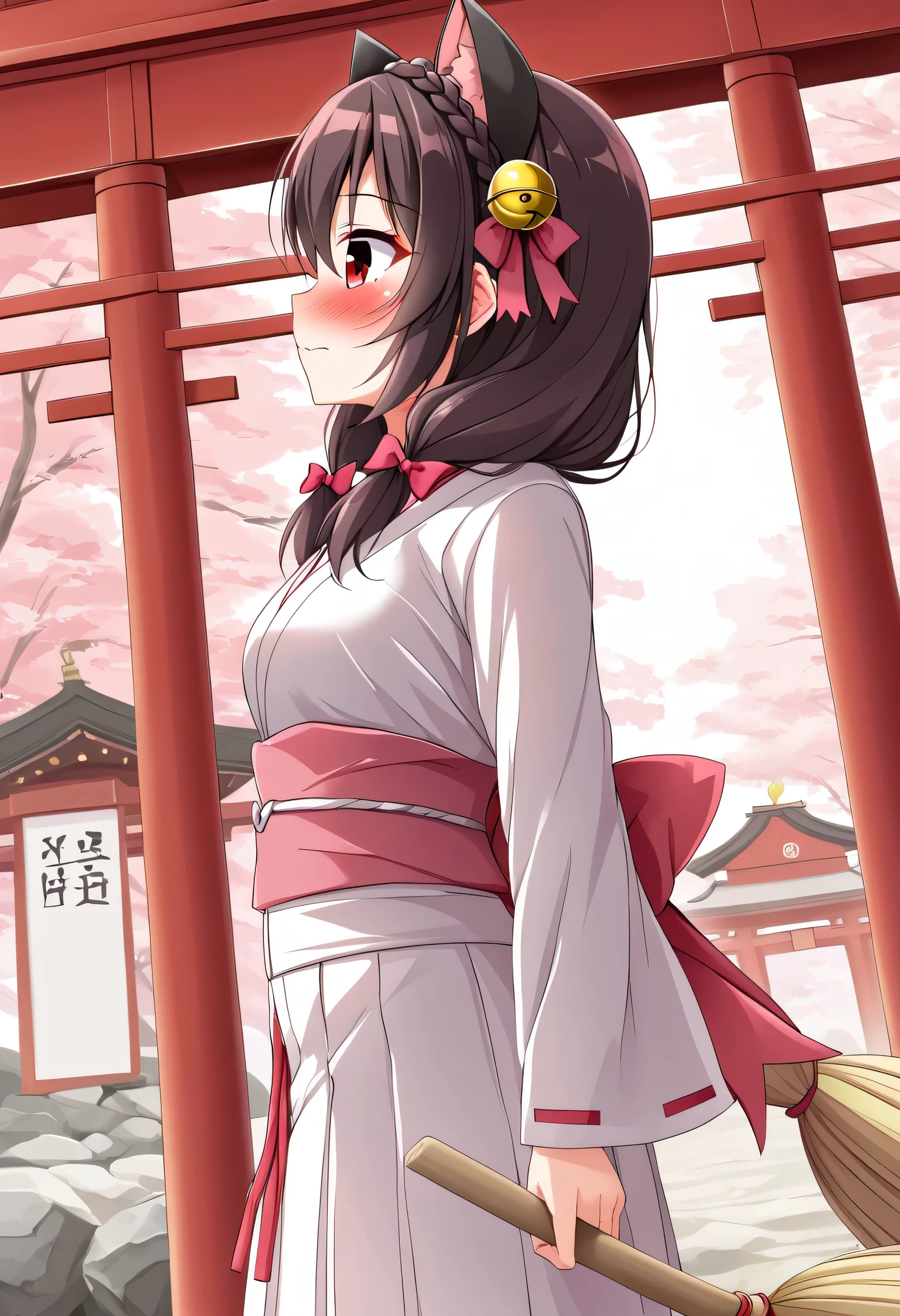 yunyun、masterpiece, best quality, high definition ,one person, Yunyun、 Former name yunyun, crown braid the same color as hair, black hair、Red eyes、 hair accessory with a bell , hair bow , ( white and pink shrine maiden costume 、Hakama is a red )、(blush)、(Yellow Icho Tree)、(shrine:1.2)、Standing、( smiles embarrassingly:1.2)、blush、(I'm cleaning with a broom :1.2)、(Cat ears)、Side view