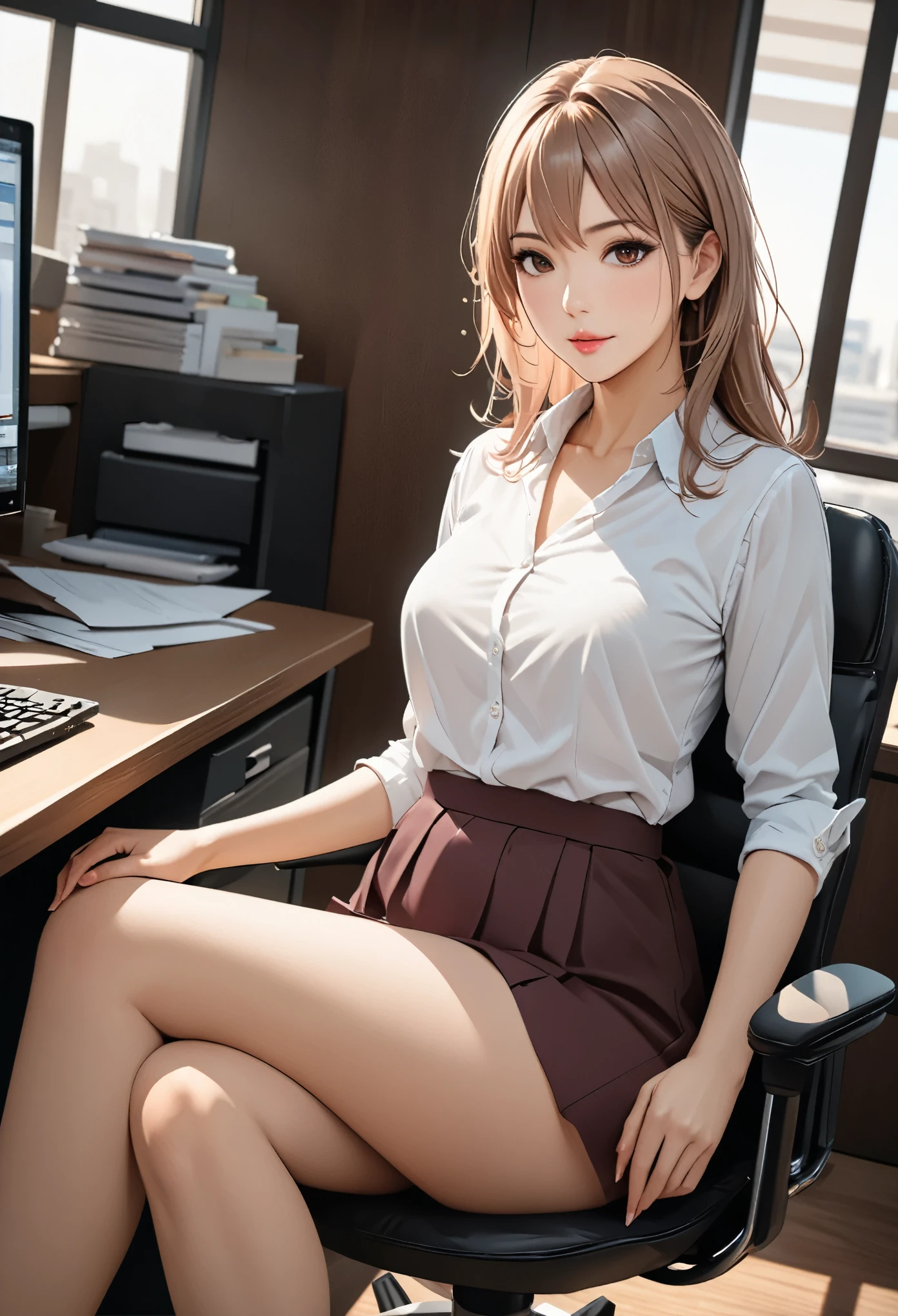 (masutepiece: 1.3), (max resolution: 1.2), (Ultra HDTV: 1.2), cinematric light, Ultra HDTV, (Detailed eyes and skin), (detailed facial features), nffsw, 8K resolution, Sharp Focus: 1.2, Perfect Style, Beautiful face, Perfect body, acurate, Anatomically correct, Highly detailed face and skin texture, Detailed eyes, Dark-blue eyes, Double eyelids, Thin eyebrows, Glitter Eyeliner: 1.2, Natural cheeks, Glossy skin, Fair skin: 1.2, (Glossy lips: 1.4), BREAK, One-person viewpoint, (She is very cute), (Pink lace panties、Stockings), (Seductive smile: 1.2), ((a Innocent and cute girl:1.3)), (Long Wave Hair), (ligh brown hair:1.2), (Peeking in from above: 1.2), BREAK, ((Very intimate relationships: 1.2)), (plump big breasts:1.1), Long hair, Brown hair, Hair over one eye, Bangs, Sticking out one ear, Large shirt, Solo, Shirtless, button down, ((large full breasts:1.1)), ((Looking at Viewer:1.2)), ((s Office:1.2)), ((Bend your knees and open your legs wide:1.2)), (From Side:1.2),low angle shot、White short-sleeved shirt、a miniskirt、Embarrassed look、sexy hips, ((At work))