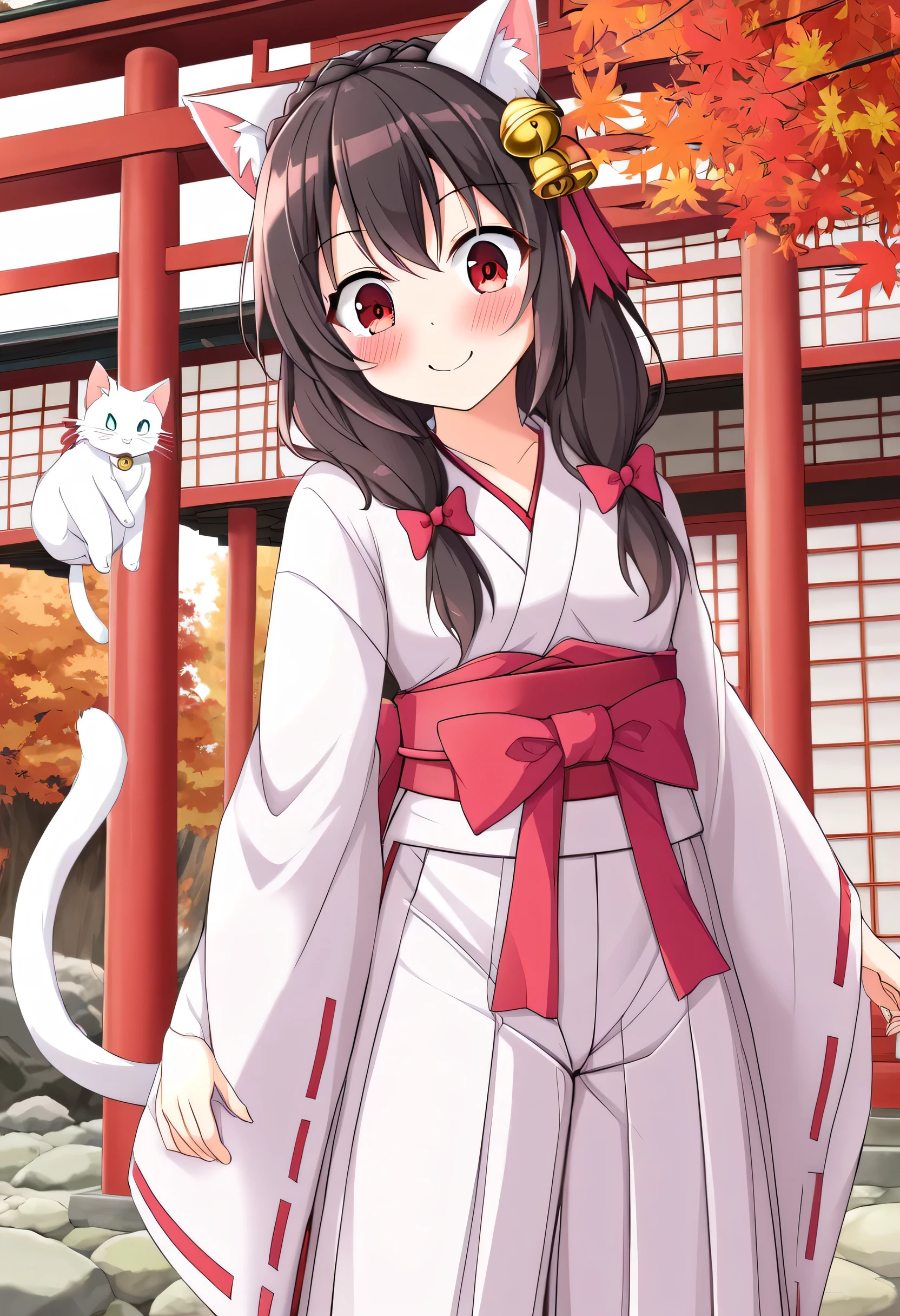 yunyun、masterpiece, best quality,  high definition ,one person, Yunyun、 Former name yunyun,  crown braid the same color as hair,  black hair、Red eyes、 hair accessory with a bell ,  hair bow , ( white and pink shrine maiden costume 、Hakama is a red )、 big-breasted 、(blush)、autumn leaves、(shrine:1.2)、Standing、(Surprised Smile:1.2)、♥、blush、(Cat ears)、(White cat with a bell around its neck:1.4)、♥、