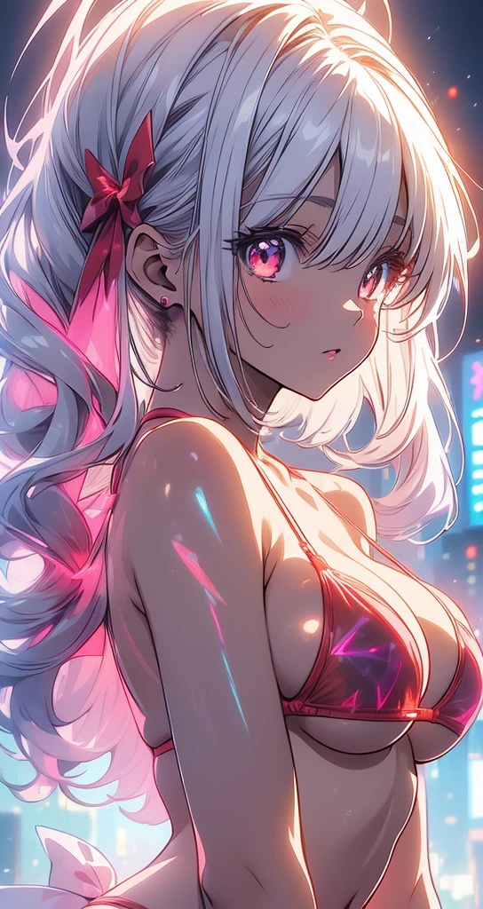 (Big Breasts:1.5)、 Composition seen from directly above、 upper body focused composition 、(Neon City Morning :1.3)(Viewer discretion:1.1).(Big Breasts:1.2)(sexy transparent holographic red micro bikini :1.5)..Particles of light、 LIGHT IS ON THE SUBJECT 、(  dynamic pose :1.5)、  hair that flutters like、  anime holographic pink silver hair white ribbon, ,   Beautiful Character Pictures  , ,    portrait of a beautiful anime face  、COOL ROYALTY  、 morning glow、