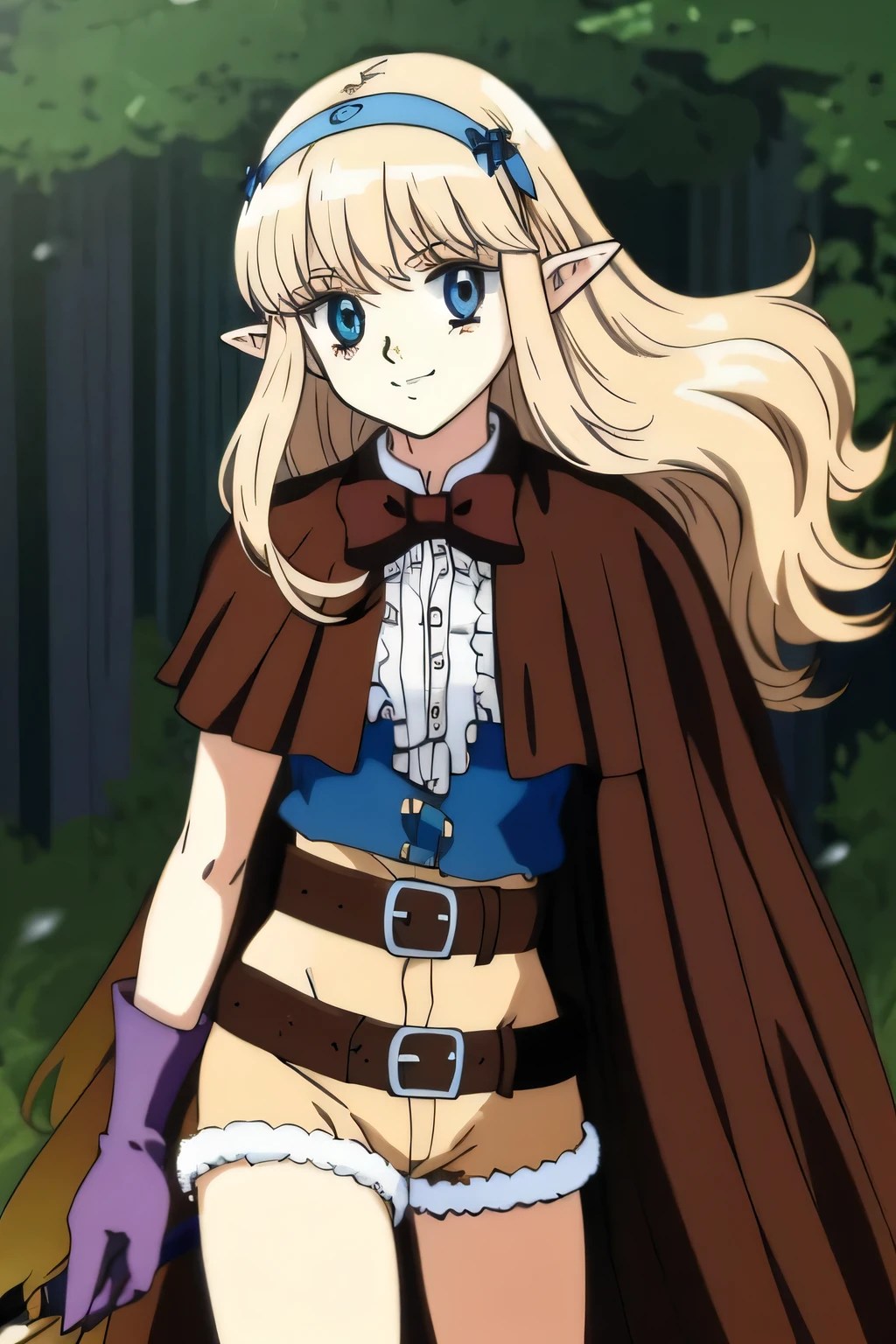 masterpiece, Best Quality, Elf ,long hair, floating hair, platinum blonde hair, blue sea eye, elf ears, hoods, Brown cloak, blue lightly tunic, gloves, Belt bag, Brown shorts, Cowboy Shot, cute smile, forest, Looking at Viewer,Hold the bow and arrow