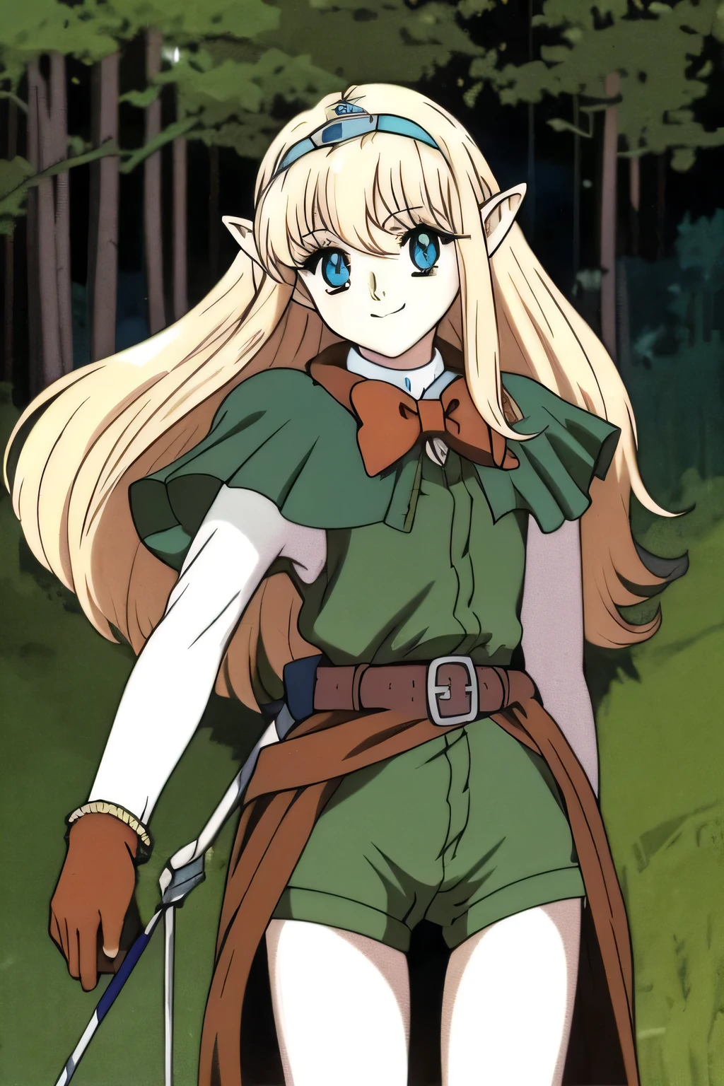 masterpiece, Best Quality, Elf ,long hair, floating hair, platinum blonde hair, blue sea eye, elf ears, hoods, Brown cloak, blue lightly tunic, gloves, Belt bag, Brown shorts, Cowboy Shot, cute smile, forest, Looking at Viewer,Hold the bow and arrow