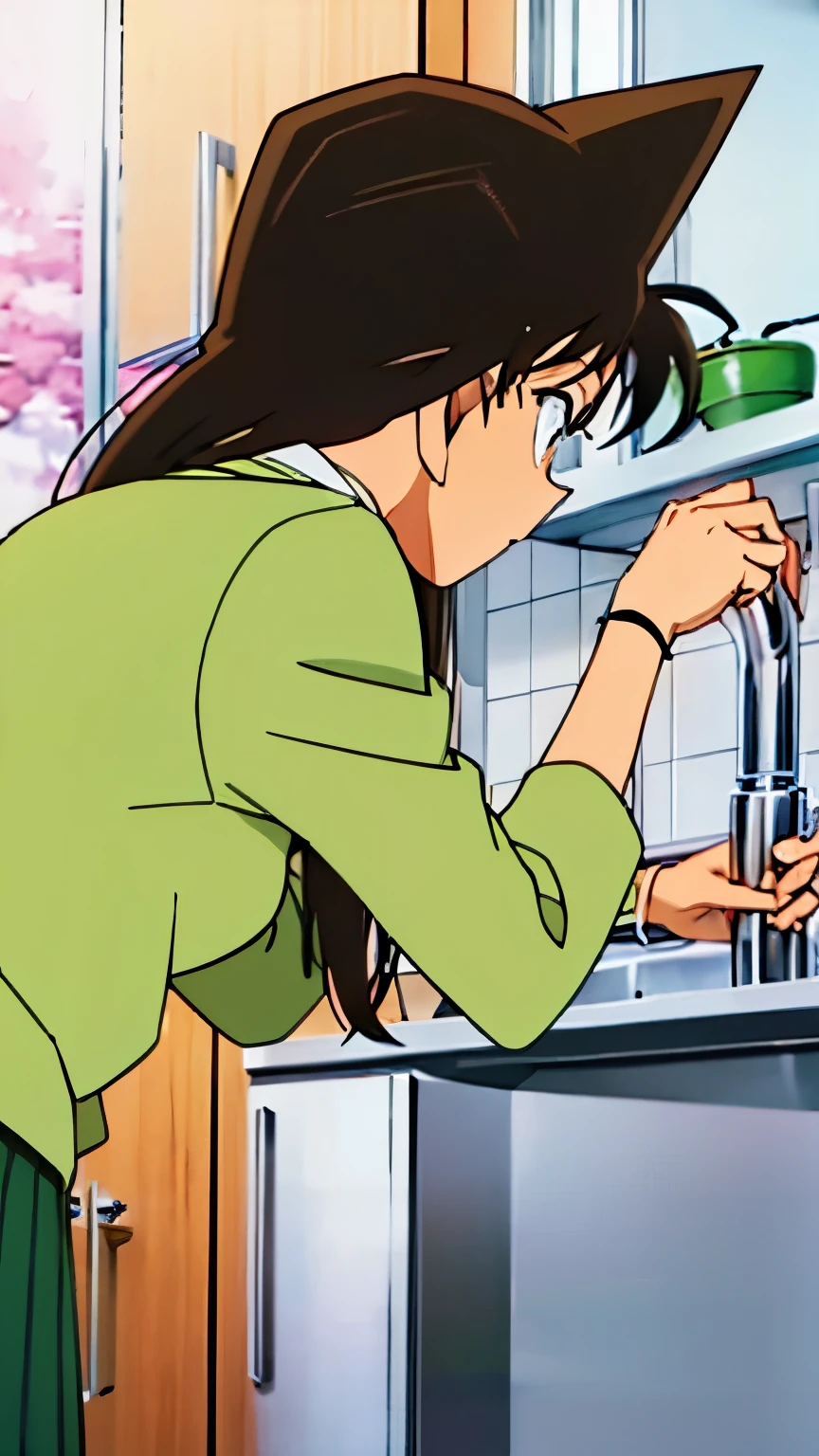 {{{mouri ran}}},{{{Detective Conan}}},{{{long hair}}},{{{official style}}},{{{adult}}},green turtleneck green miniskirt, {light green cropped mini jacket},green socks,sink,kitchen,bringing upper body to the sink,open、back view of leaning forward