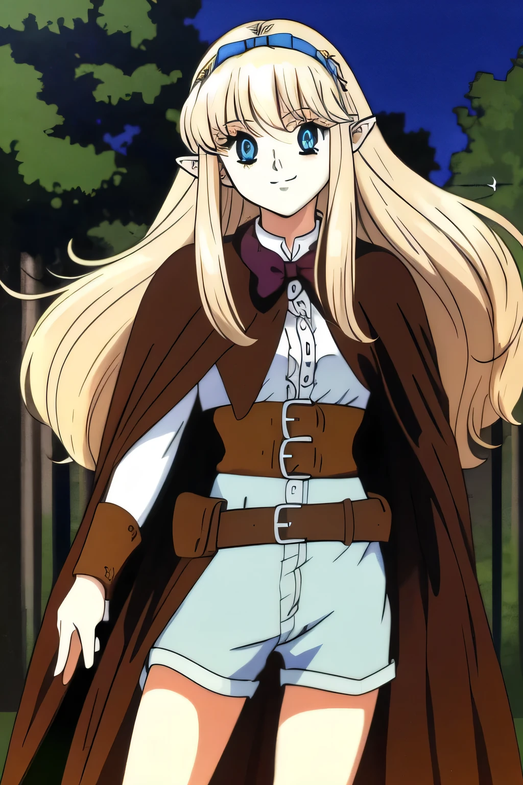 masterpiece, Best Quality, Elf ,long hair, floating hair, platinum blonde hair, blue sea eye, elf ears, hoods, Brown cloak, blue lightly tunic, gloves, Belt bag, Brown shorts, Cowboy Shot, cute smile, forest, Looking at Viewer,Hold the bow and arrow