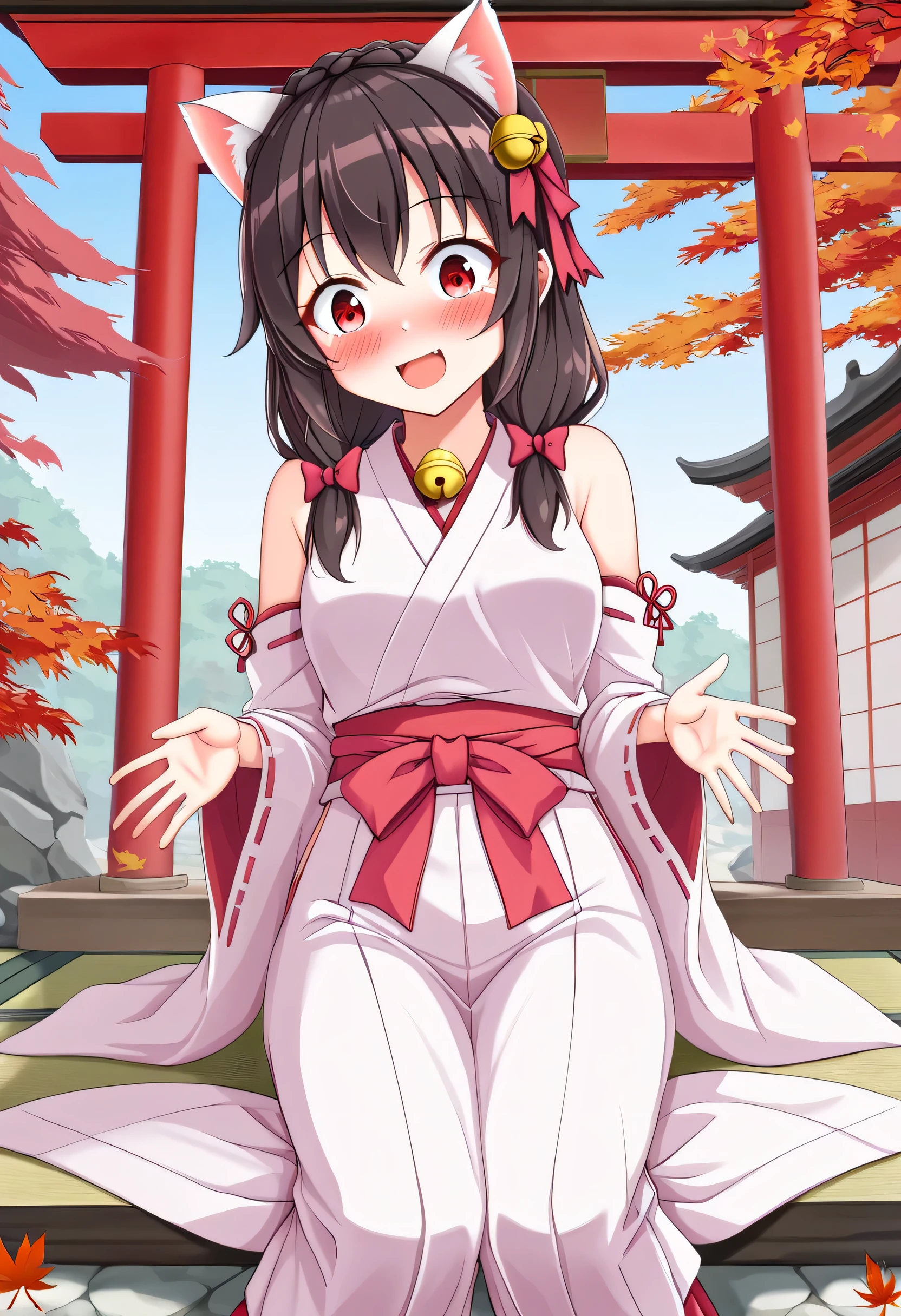 yunyun、masterpiece, best quality,  high definition ,one person, Yunyun、 Former name yunyun,  crown braid the same color as hair,  black hair、Red eyes、 hair accessory with a bell ,  hair bow , ( white and pink shrine maiden costume 、Hakama is a red )、 big-breasted 、(blush)、autumn leaves、(shrine:1.2)、I'm sitting and watching the cat、(Surprised Smile:1.2)、♥、blush、(Cat ears)、(White cat with bell :1.4)、♥、