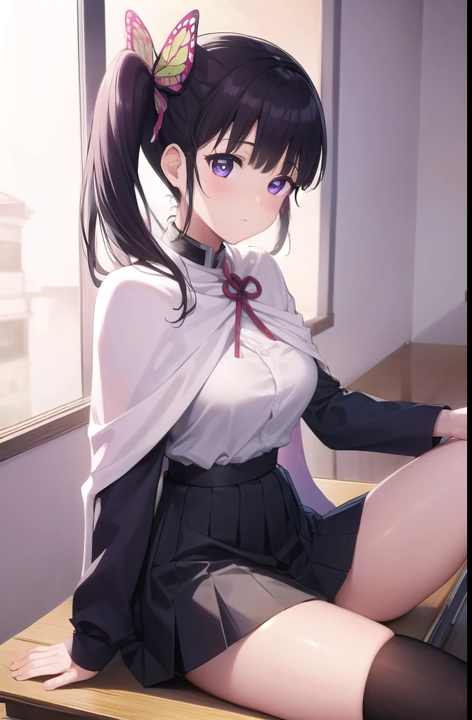 Kanaotsu Yuri, kanao tsuyuri, black hair, butterfly, butterfly hair ornament, (purple eyes:1.1), Side ponytail, ponytail, 
Blake Black skirt, cape, demon slayer uniform, long sleeve, プリーツskirt, skirt, white cloak,
壊す looking at viewer,
rest indoors, classroom,
, squat, (pussy:1.2), No panties, Wild Rift, (put your arms behind your back:1.1), (masterpiece:1.2), highest quality, ultra hyper high resolution, unity 8k wallpaper, (figure:0.8), (detailed and beautiful eyes:1.6), highly detailed face, perfect lighting, Very detailed CG, (perfect hands, perfect anatomy),