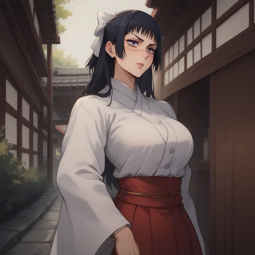 Utahime Iori from Jujutsu Kaisen, black hair, long hair, white ribbon, scar on face, purple eyes, big breasts, wearing a white kimono, wearing a long red skirt, Utahime walking in a corridor casually, with the face blushing a bit. Japanese architecture, Japanese temple