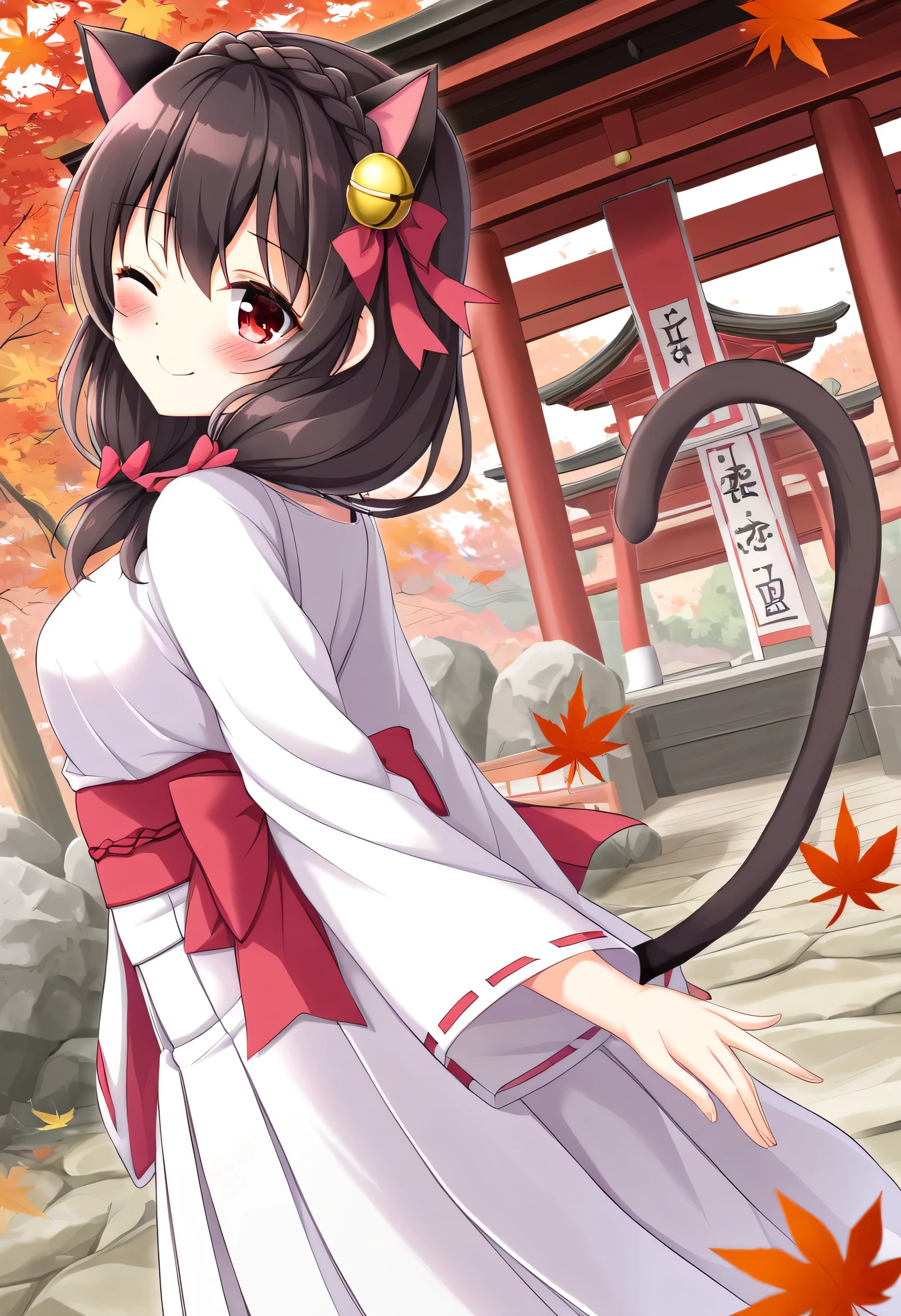 yunyun、masterpiece, best quality,  high definition ,one person, Yunyun、 Former name yunyun,  crown braid the same color as hair,  black hair、Red eyes、 hair accessory with a bell ,  hair bow , ( white and pink shrine maiden costume 、Hakama is a red )、 big-breasted 、(blush)、autumn leaves、(shrine:1.2)、Standing、(Smiling with one eye closed:1.2)、blush、(Looking Back:1.2)、(Cat ears)、 cat's tail