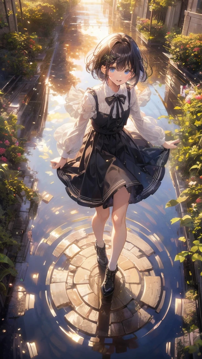 art by Cornflower,(master piece),(4k anime),high quality,(perfect anatomy),1 girl,beautiful detailed blue eyes,short hair,very cute face,soft tones,with warm and gentle lighting,high resolution,road after the rain,puddle and girl,mirrored water surface,girl,walk on blue water,beautiful ripples,from above,fullbody,(looks like fun)