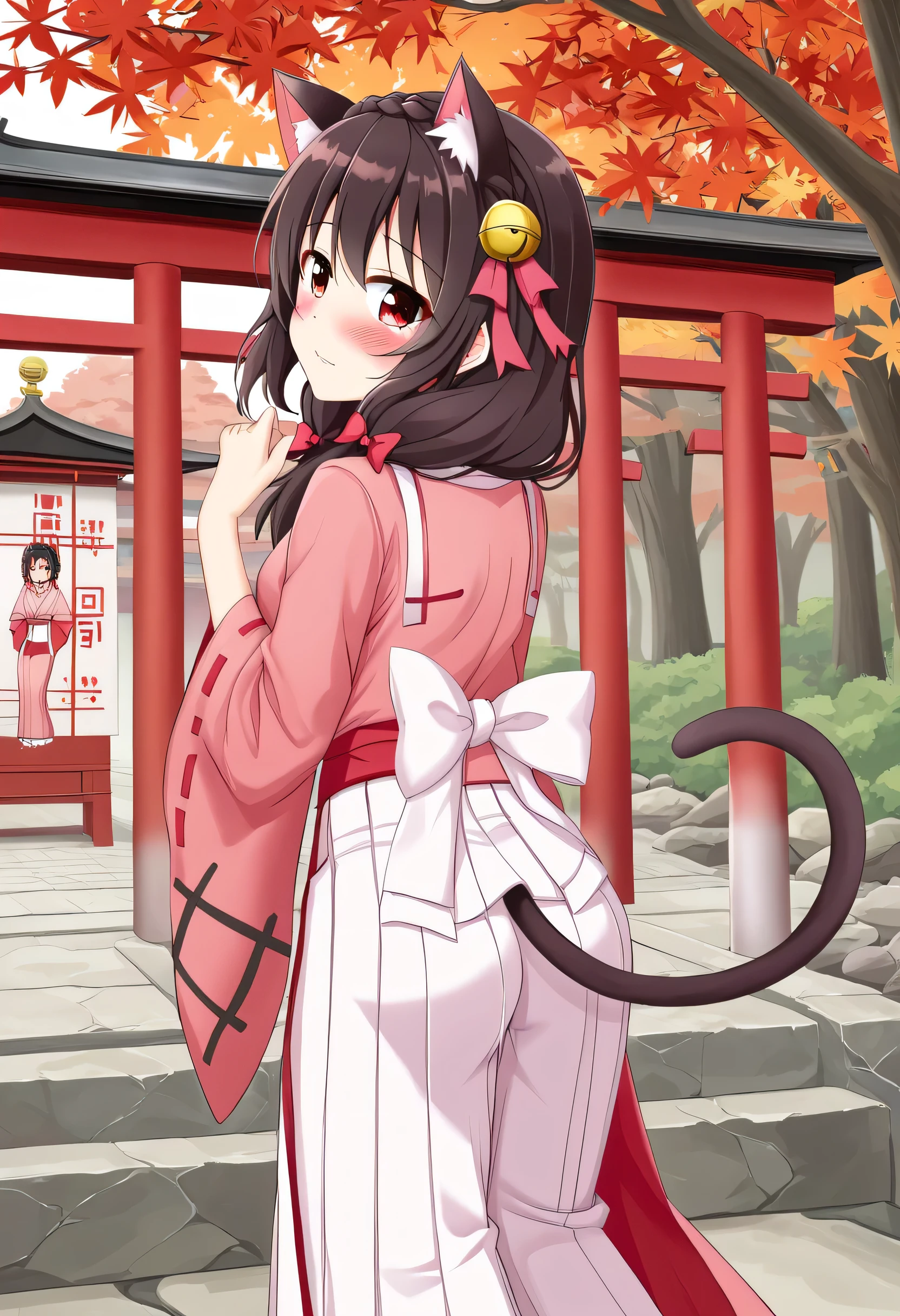 yunyun、masterpiece, best quality,  high definition ,one person, Yunyun、 Former name yunyun,  crown braid the same color as hair,  black hair、Red eyes、 hair accessory with a bell ,  hair bow , ( white and pink shrine maiden costume 、Hakama is a red )、 big-breasted 、(blush)、autumn leaves、(shrine:1.2)、Standing、( smiles embarrassingly:1.2)、blush、(Looking Back:1.2)、(Cat ears)、 cat's tail