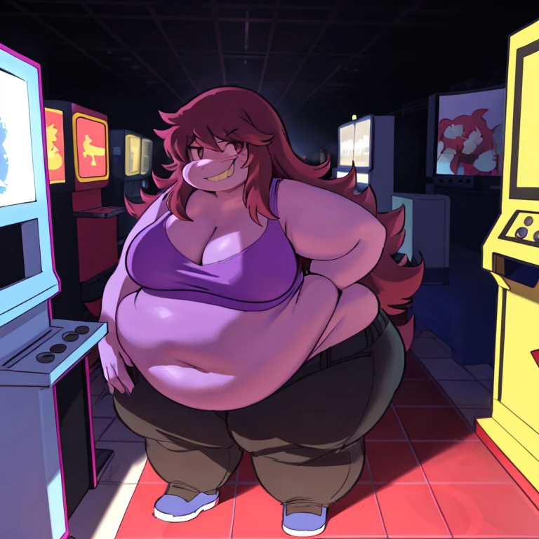 solo, 1girl, susie, susie deltarune, hands on hips, huge breasts, cleavage, bare midriff, standing upright, laughing, looking at viewer, arcade, game machines, full body, by darkgem, , bbw, plump, large belly, large breasts, large thighs, love handles, wide hips, weight gain, ((detailed shading)), ((beautiful render art)), ((intricate details)),