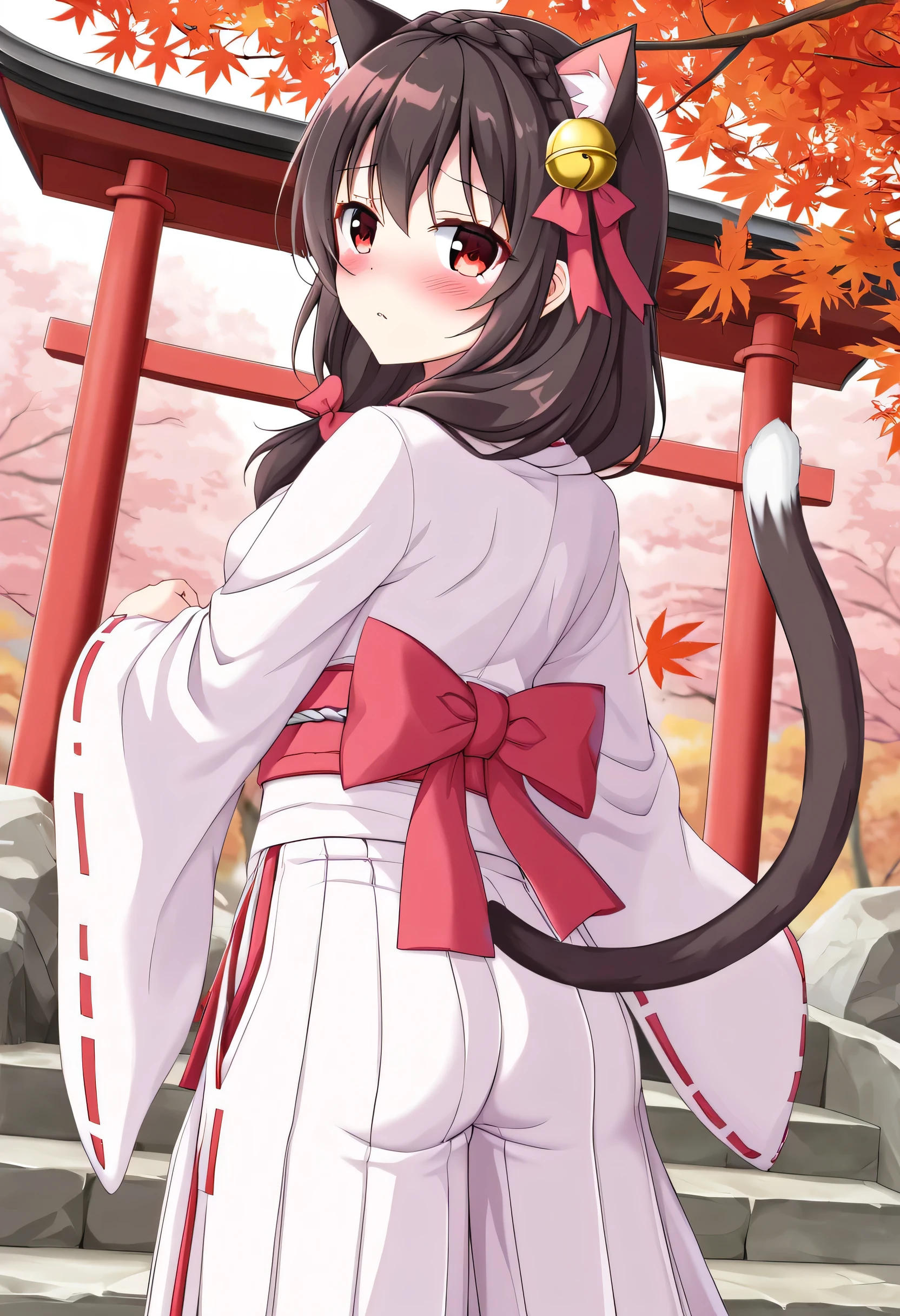 yunyun、masterpiece, best quality,  high definition ,one person, Yunyun、 Former name yunyun,  crown braid the same color as hair,  black hair、Red eyes、 hair accessory with a bell ,  hair bow , ( white and pink shrine maiden costume 、Hakama is a red )、 big-breasted 、(blush)、autumn leaves、(shrine:1.2)、Standing、( smiles embarrassingly:1.2)、blush、(Looking Back:1.2)、(Cat ears)、 cat's tail