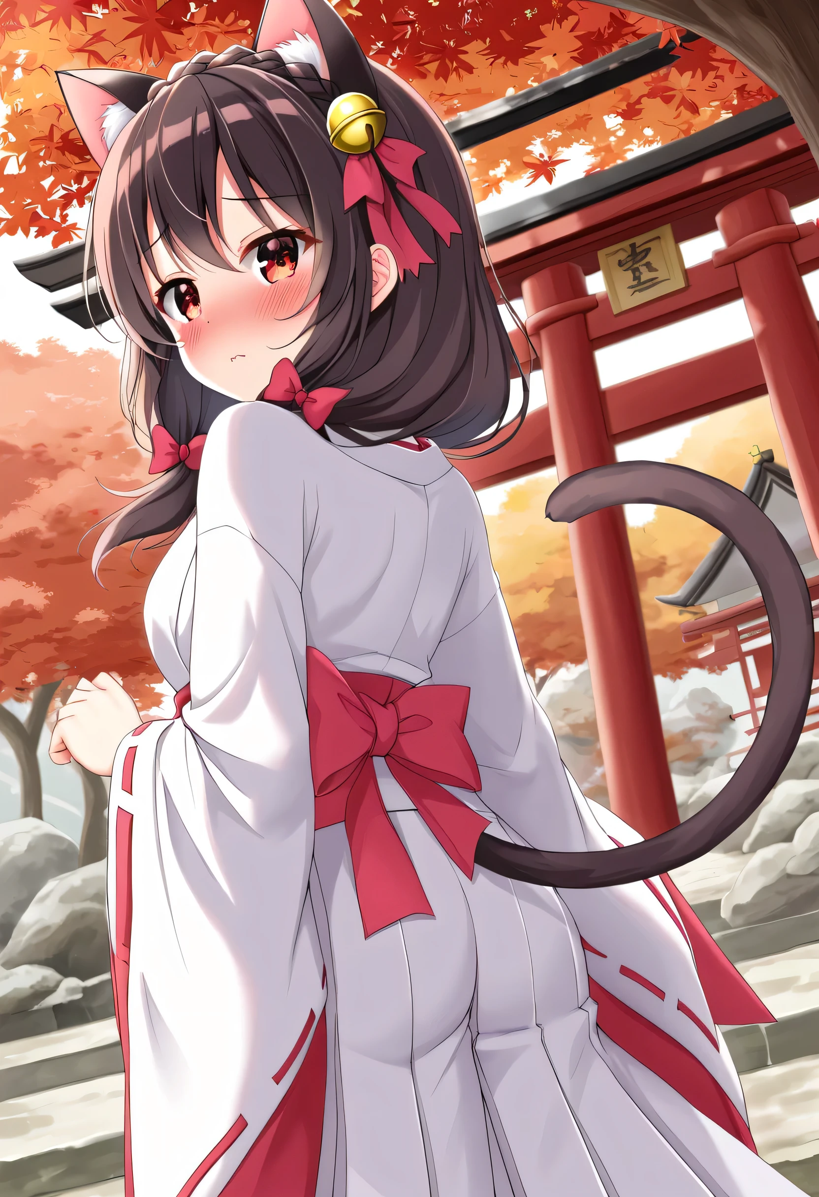 yunyun、masterpiece, best quality,  high definition ,one person, Yunyun、 Former name yunyun,  crown braid the same color as hair,  black hair、Red eyes、 hair accessory with a bell ,  hair bow , ( white and pink shrine maiden costume 、Hakama is a red )、 big-breasted 、(blush)、autumn leaves、(shrine:1.2)、Standing、( smiles embarrassingly:1.2)、blush、(Looking Back:1.2)、(Cat ears)、 cat's tail