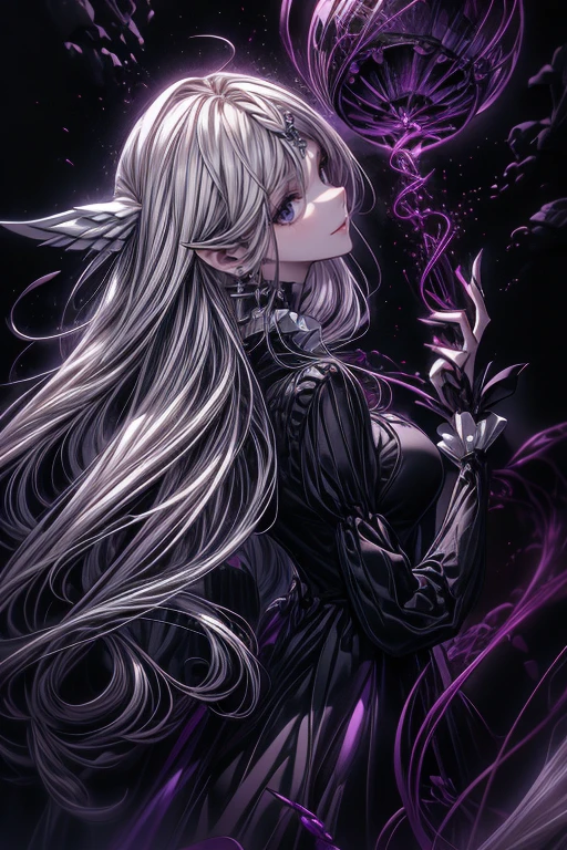 slender woman,  with Rapunzel style hair, bicolor purple and white hair, in clothes that are very tight to the body, Angel wings, bleeding.  dark background , abstract shapes