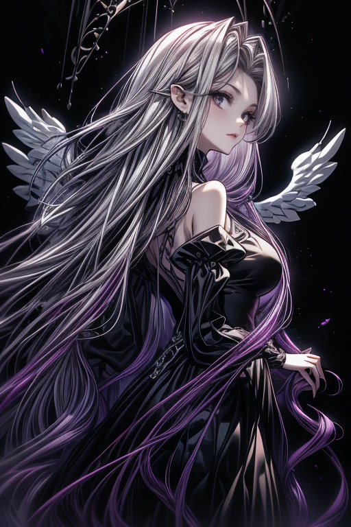 slender woman,  with Rapunzel style hair, bicolor purple and white hair, in clothes that are very tight to the body, Angel wings, bleeding.  dark background , abstract shapes