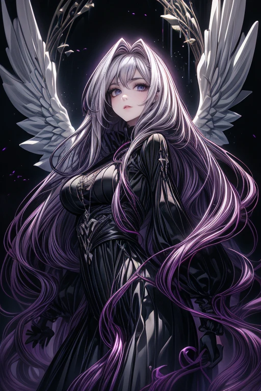 slender woman,  with Rapunzel style hair, bicolor purple and white hair, in clothes that are very tight to the body, Angel wings, bleeding.  dark background , abstract shapes