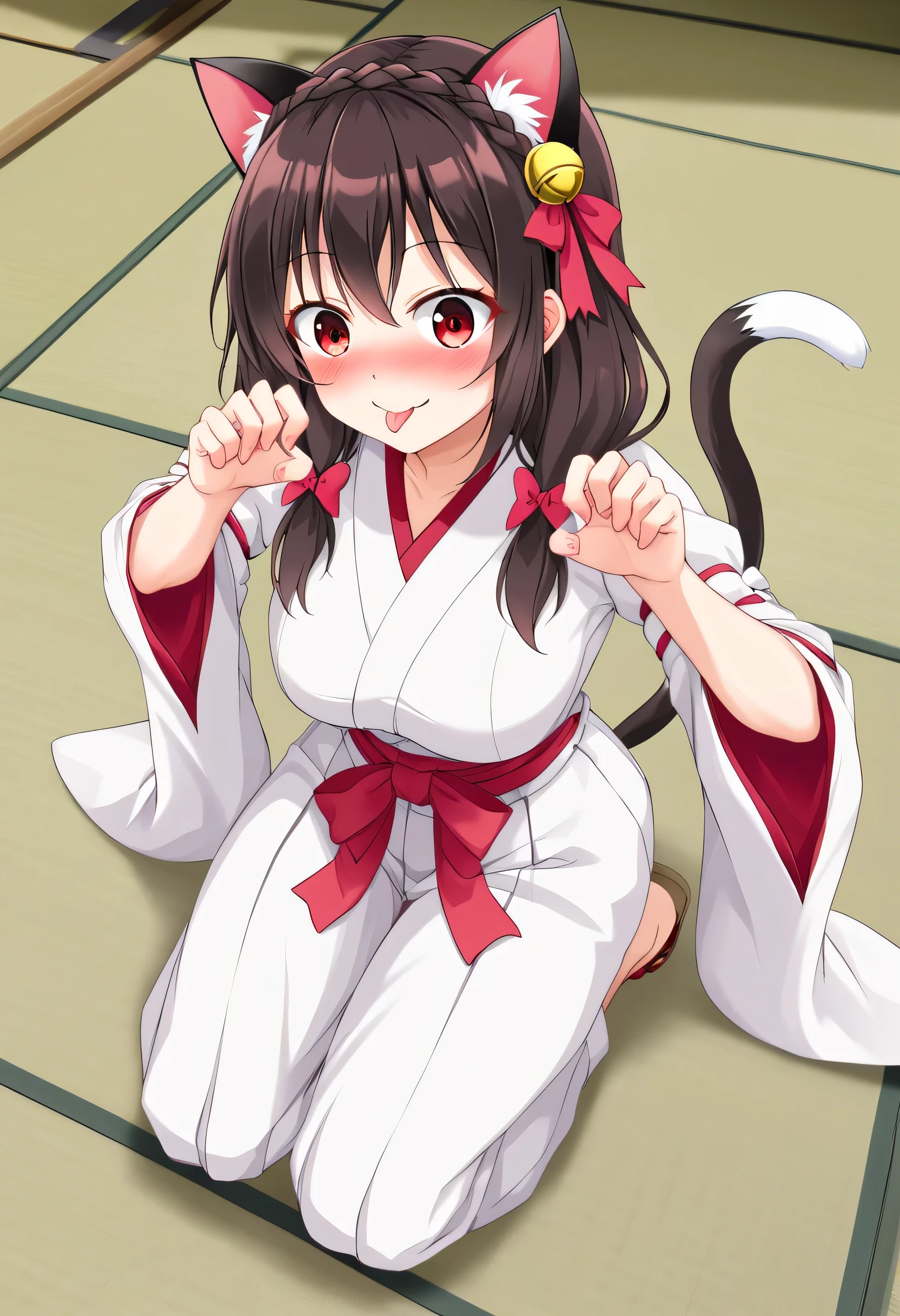 yunyun、masterpiece, best quality,  high definition ,one person, Yunyun、 Former name yunyun,  crown braid the same color as hair,  black hair、Red eyes、 hair accessory with a bell ,  hair bow , ( white and pink shrine maiden costume 、Hakama is a red )、 big-breasted 、(blush)、(indoor、tatami)、( slouching forward)、(Surprised Smile:1.2)、(blush)、(Cat Pose)、(Cat ears)、 cat's tail、♥、♥、(Stick out your tongue)