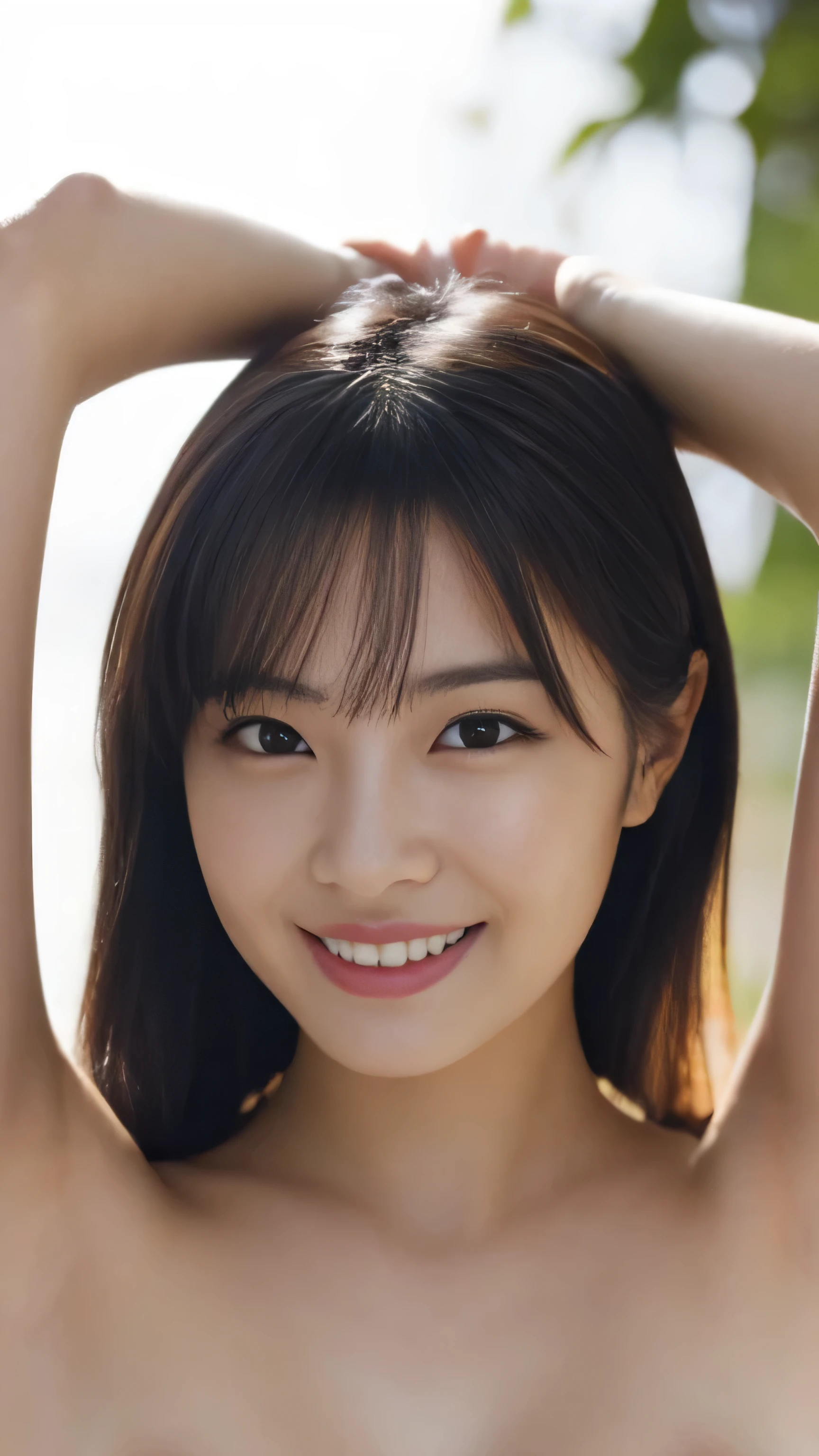 1 girl, (naked、 protruding nipples:1.1、 Clevis), Beautiful Japanese actresses, ( RAW photo, best quality), (Realistic, Photographically:1.4), masterpiece, very delicate and beautiful , Very detailed, amazing, finely, Very detailed CG Unity 8K wallpaper, Very detailed, high definition , Soft light, Beautiful meticulous girl, Very detailed目と顔, beautifully detailed nose, beautifully detailed, Strong、perfect anatomy, Slender body, smile、(( Place your hands behind your head))、Front