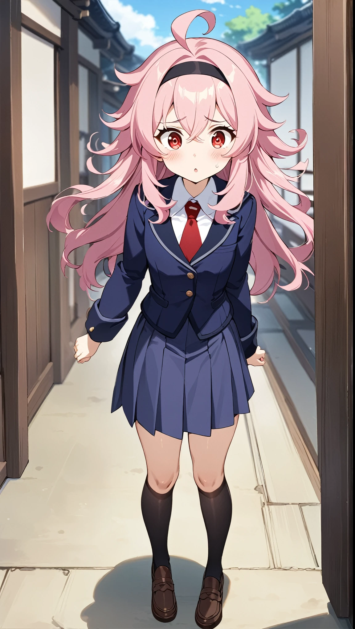 standing, cute, round eyes, worried face, pretty, , red necktie, brown shoes,  girl, indigo school uniform jacket, white school uniform shirt, floating hair, indigo school uniform skirt, very messy hair, ahoge, pink hair, spiked hair, long hair, red eyes, black hairband, 1girl, full black stocking, best quality, amazing quality, very aesthetic, highres, incredibly absurd, masterpiece, japanese anime, genshin art style,