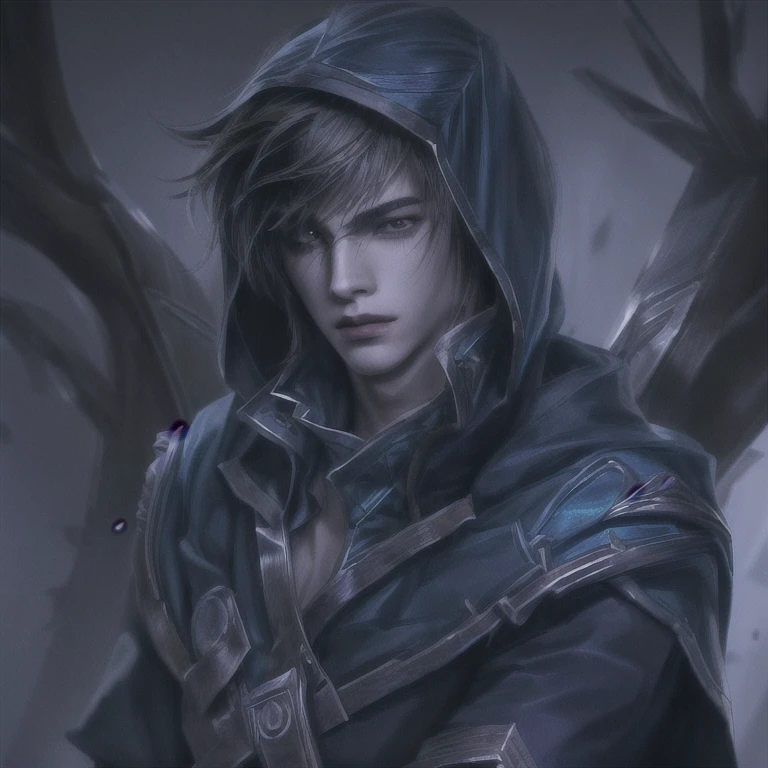 Talon (league of legends), masterpiece, best quality, realistic, 1man, young male, quiet and charming young man, 20 years old, close his eyes, serious, closed mouth, extremely detailed face, cold, ((dark eyes)),straight layered bangs hair ((hair medium hair long in length)), [thick eyebrows], ((blue clothes)), accurate, detailed, capuz na cabeça, hood, little blades in the clothes, capuz com uma ponta em cima da testa, armadura no ombro esquerdo