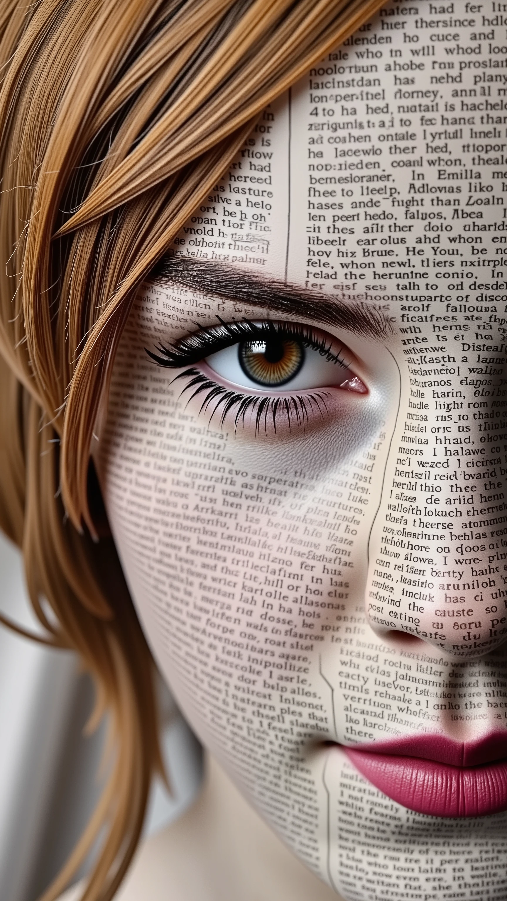 A close-up newspaper portrait of Emma Watson where all parts of the face including hazel brown eyes, eyebrows, nose, lips, hair, ears, neck etc. are made entirely of newspapers. Use folded different thin paper newspapers to form each detail of the face, avoiding using real parts of the face. Pay attention to the textures and colors of the newspapers to create realistic features that convey emotion.  Her Hazel brown eyes should pop out.
A newspaper portrait should be bright and expressive. The lighting should be soft and natural, emphasizing textures and details, creating a sense of three-dimensionality and depth.
