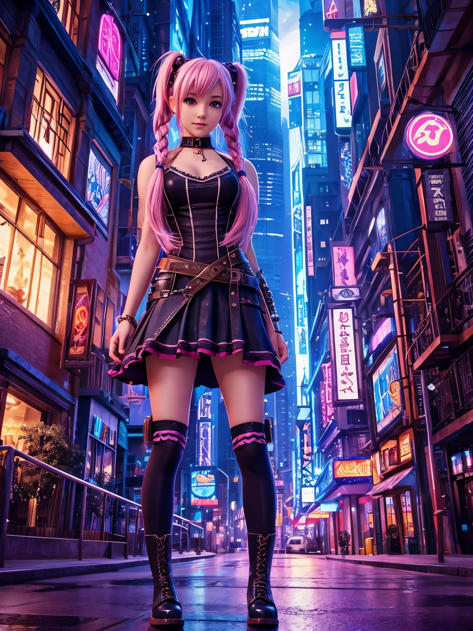 high resolution, best quality, masterpiece, very high image quality, ultra-detailed, hyperrealistic, 3d, hard rock girl, very beautiful cute, pink wavy hair, side braid, miniskirt, thong panties, knee high socks, engineer boots, background cyber punk city galaxy --auto --s2