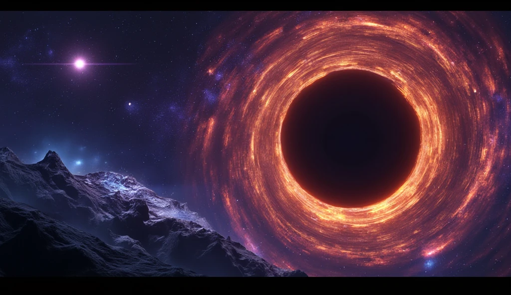 An ultra-realistic 8K scene of a massive black hole in deep space, surrounded by intensely glowing rings of light in fiery orange and electric blue tones. The black hole is perfectly centered, with visible details in the swirling rings of matter that appear to spin at high speed. In the background, a vibrant purple and blue nebula filled with bright stars and distant planets creates a mysterious and grand atmosphere. Dark alien rocks and mountains in the foreground add depth to the image, as if viewed from an extraterrestrial surface. The composition should convey power, mystery, and energy, with cinematic lighting that highlights the details and contrasts between light and shadow.