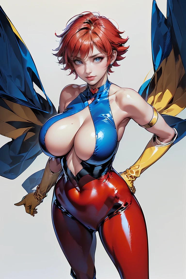 ((Masterpiece, top quality, high resolution, highly detailed CG unified 8K wallpaper)), (huge stunning goddess shot, very hot and sexy, jaw-dropping beauty, perfect proportions, beautiful body, slim body beauty:1.1), 1 woman, (cutie honey, crimson hair, short hair, big eyes, Detailed face and eyes, staring at camera:1.3), (Blue and red tight suits, Detailed latex suit, glossy, blue tops, Red from belly to legs, Detailed, midrift top, cleavage cutout, cleavage, bare shoulders, bare backs, choker with heart symbol, yellow gloves, elbow gloves, yellow  boots, long boots, armlet:1.4), hands on hips, feet spread apart, smile, Exploding buildings in the background, view from below, 