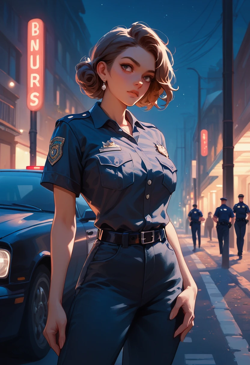 A woman standing beside a black police car on street, flashing warning light, night, police uniform black shirt and trousers , monument revolucion mexico,