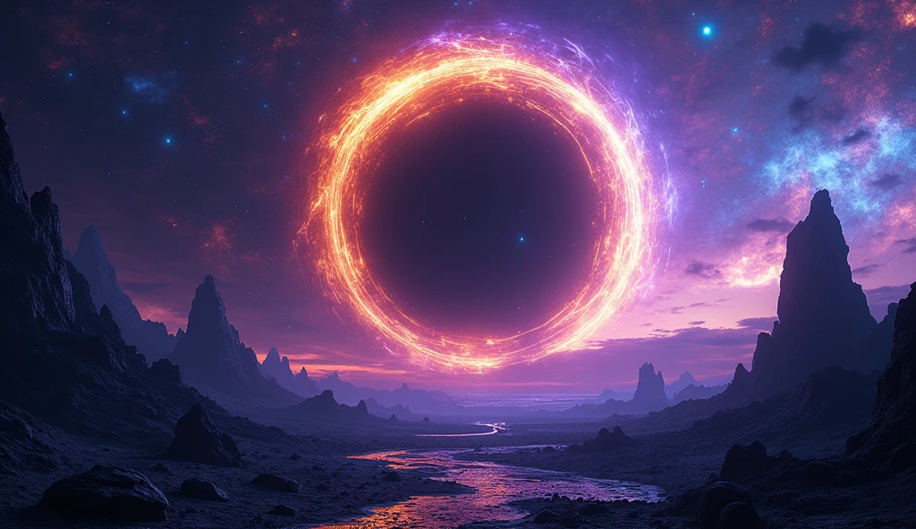 An ultra-realistic 8K scene of a massive black hole in deep space, surrounded by intensely glowing rings of light in fiery orange and electric blue tones. The black hole is perfectly centered, with visible details in the swirling rings of matter that appear to spin at high speed. In the background, a vibrant purple and blue nebula filled with bright stars and distant planets creates a mysterious and grand atmosphere. Dark alien rocks and mountains in the foreground add depth to the image, as if viewed from an extraterrestrial surface. The composition should convey power, mystery, and energy, with cinematic lighting that highlights the details and contrasts between light and shadow.