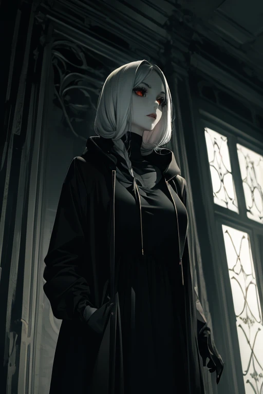 pale woman,  very thin ,  sad,  with a death-style hoodie ,  carries around her skulls. beam of light, fog, Dark atmosphere , goth