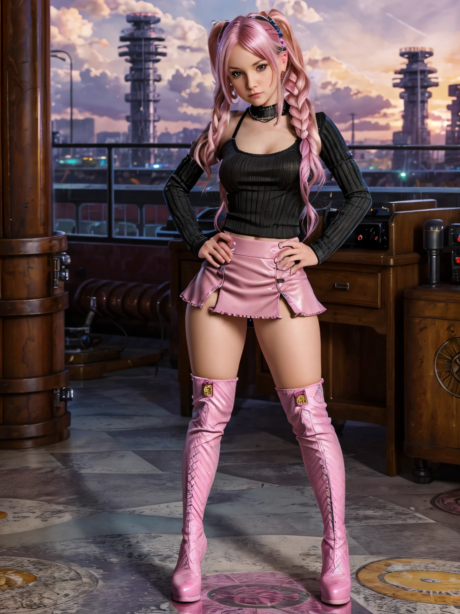 high resolution, best quality, masterpiece, very high image quality, ultra-detailed, hyperrealistic, 3d, anime, illustrations, fantasy, hard rock girl, very beautiful cute, pink wavy hair, side braid, miniskirt, knee high socks, engineer boots, background cyber punk city galaxy , liz.ashley 