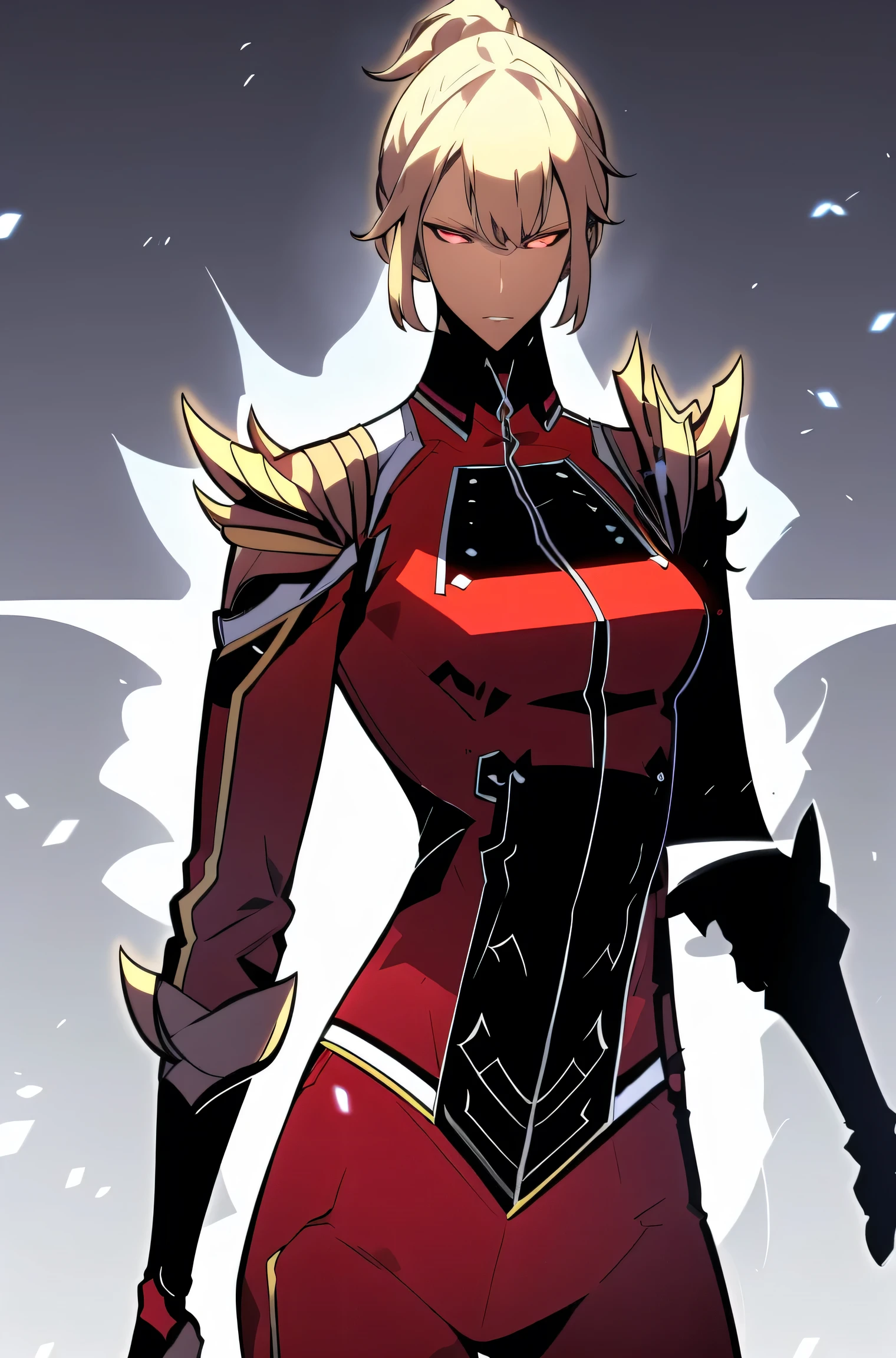 Midly Muscular darkskin woman in fantasy clothes, white short hair in a ponytail, red eyes, tight yellow jacket, yellow jacket, black cargo pant, intricate pencil sketch, expressive eyes and nose and mouth, un-zoom, highly detailed, dynamic pose, white background