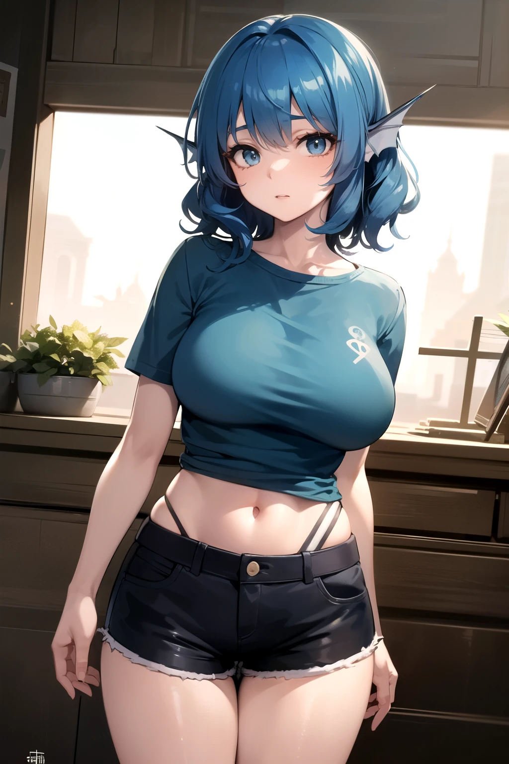 wakasagihime, 1women, age 20, big breast, thick, short stack, big head, short, 4'11,white eyes, blind, blue hair, short hair, head fins, t-shirt, monk, short shorts, medieval , fantasy, focused, masterpiece, best quality, standing strong, (fit:0.9), (muscular:0.9), shiny skin.