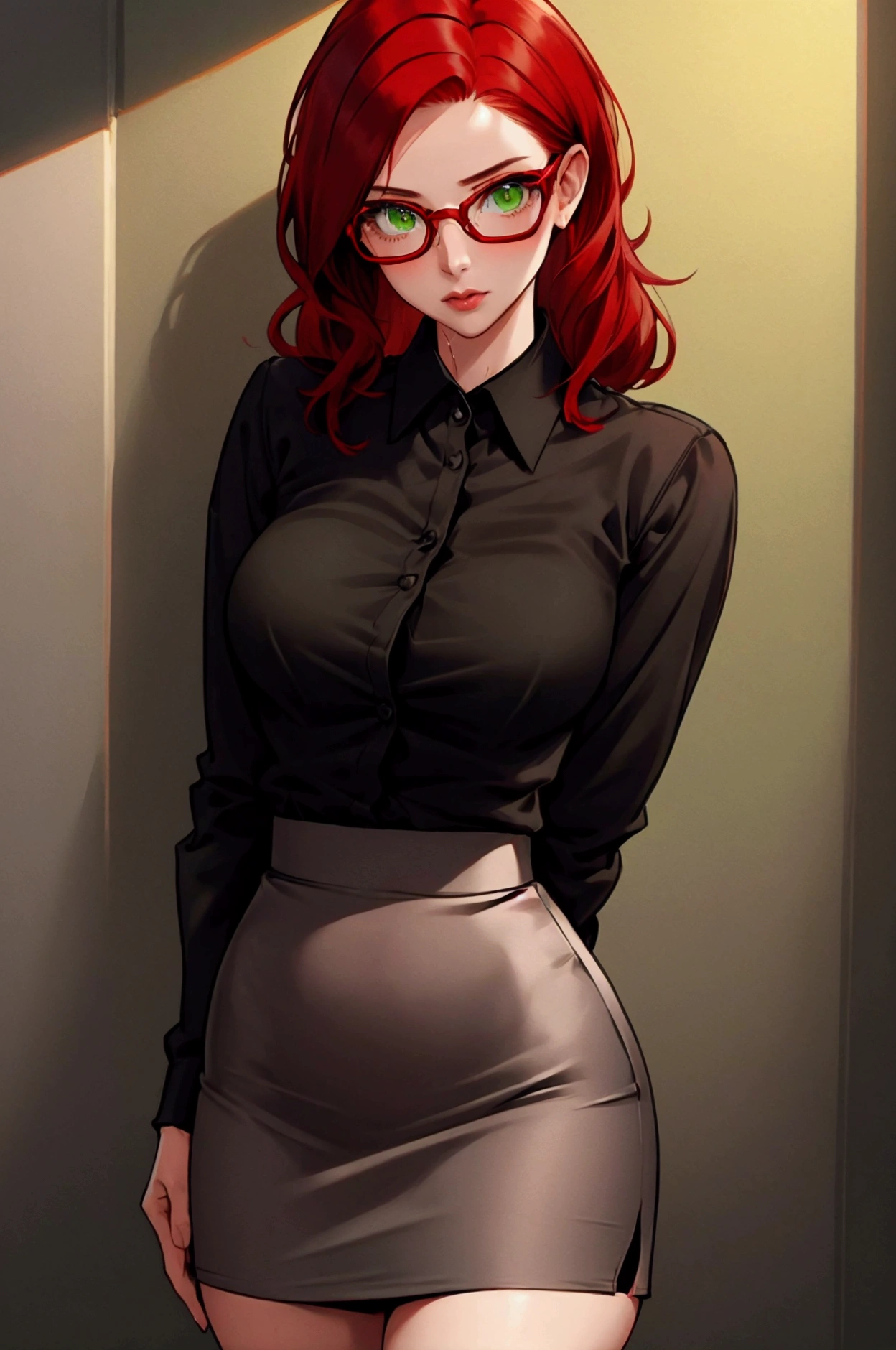 A hyperrealistic and detailed image of a lady , Red-haired teacher , Milf, with glasses, very sexy,  tight and very short miniskirt and very tight buttoned shirt, shirt about to burst ,  green eyes.  She is in an empty classroom , Look it would be the camera 