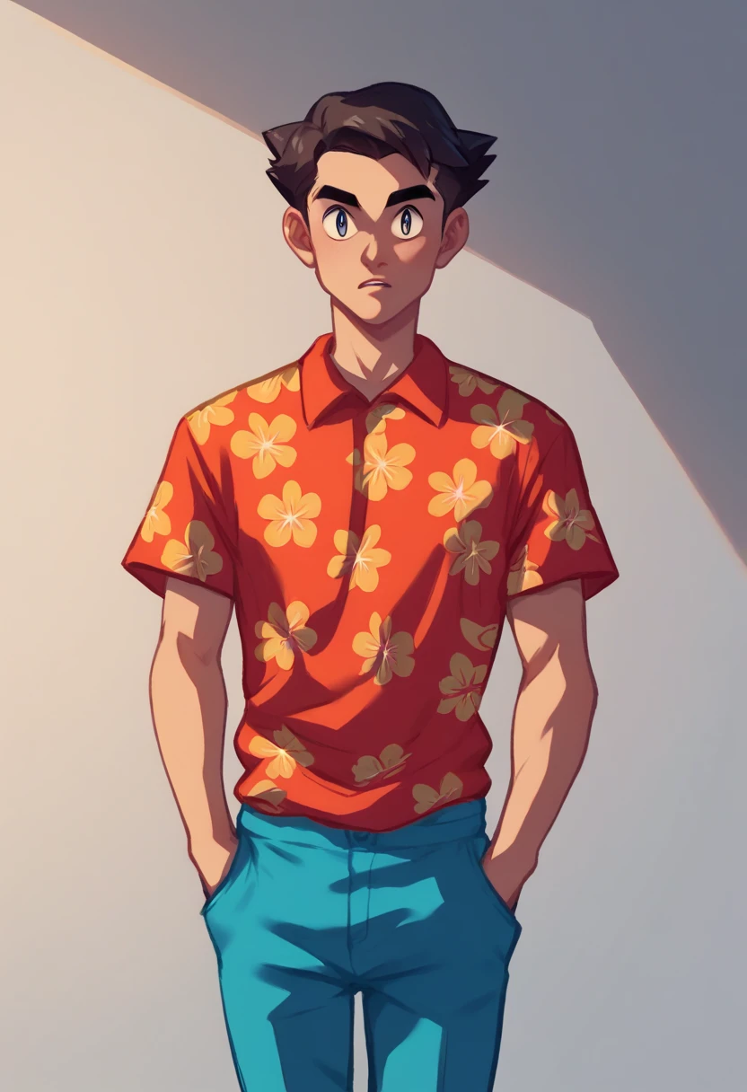 score_9, score_8_up, score_7_up, score_6_up, score_5_up, score_4_up, looking at viewer, cowboy shot, quagmire, short hair, black hair, Hawaiian shirt, red shirt, floral pattern, 1boy, blue pants,